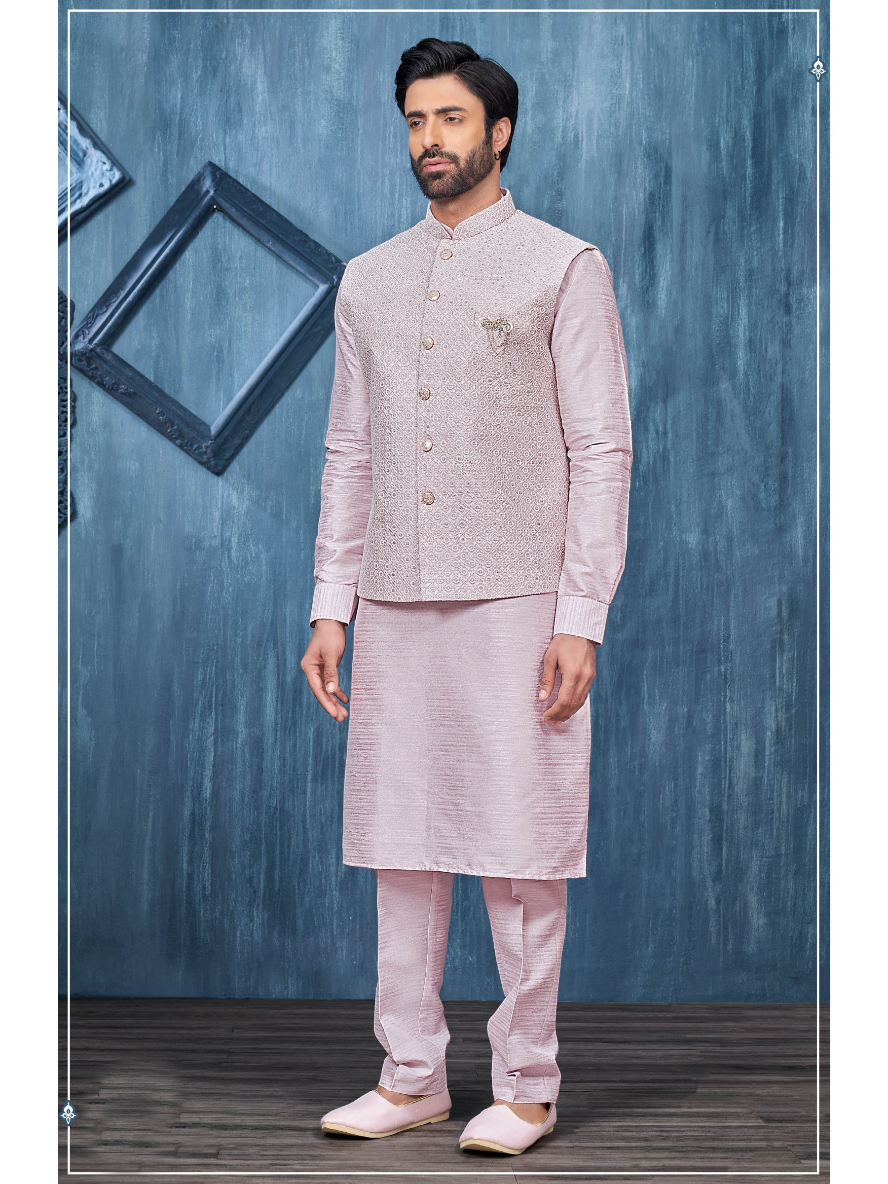 Art Embroidered Banarasi Silk Function Wear Heavy Readymade Men's Kurta Paijama With Jacket 