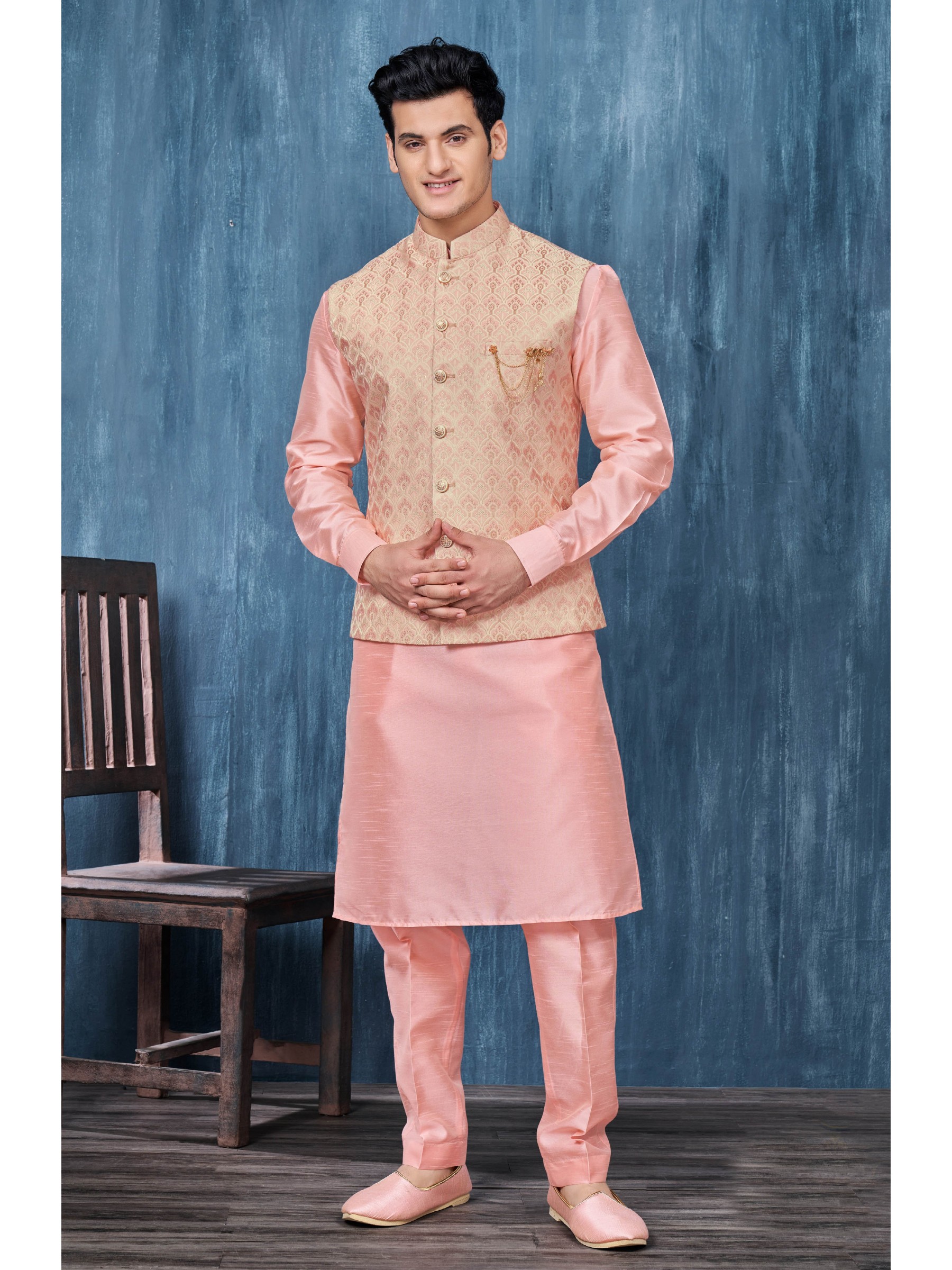 Jacquard Silk Function Wear Heavy Readymade Men's Kurta Paijama With Jacket 