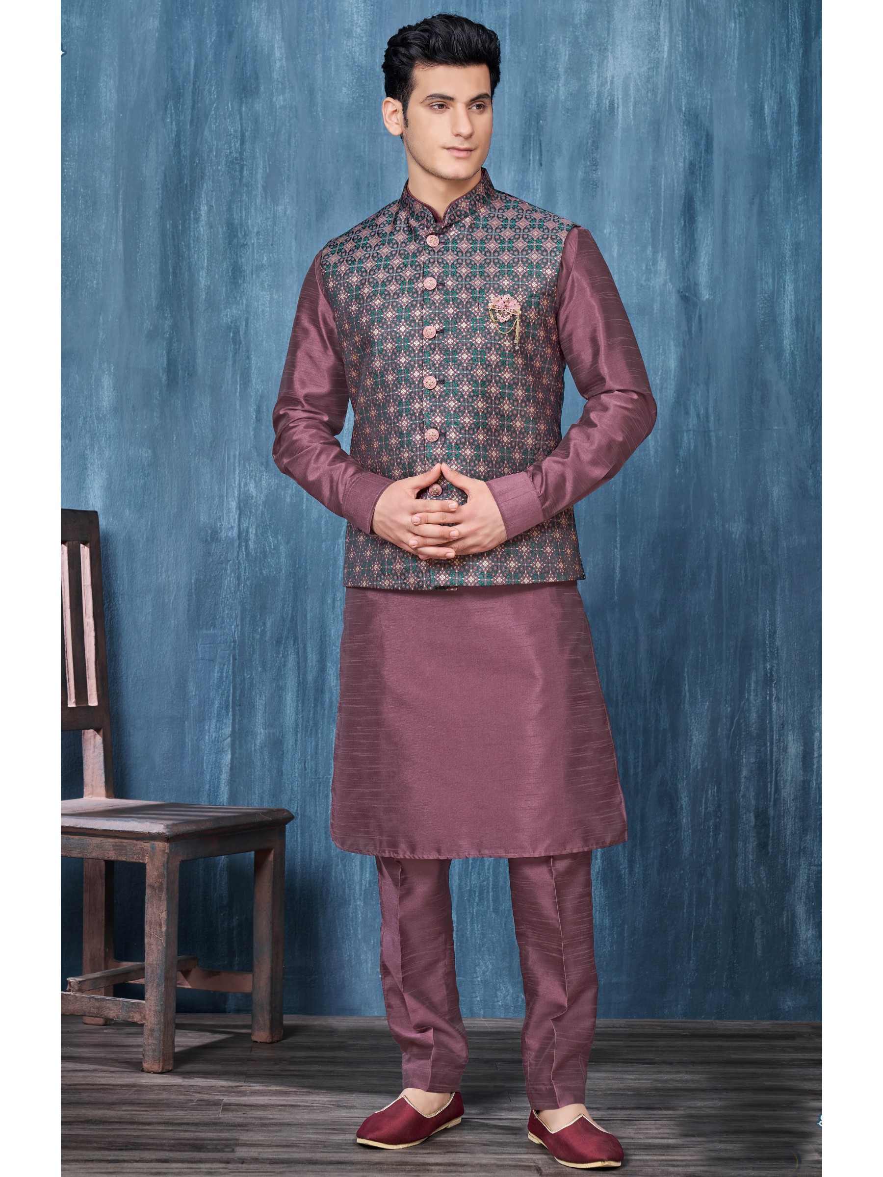 Jacquard Silk Function Wear Heavy Readymade Men's Kurta Paijama With Jacket 
