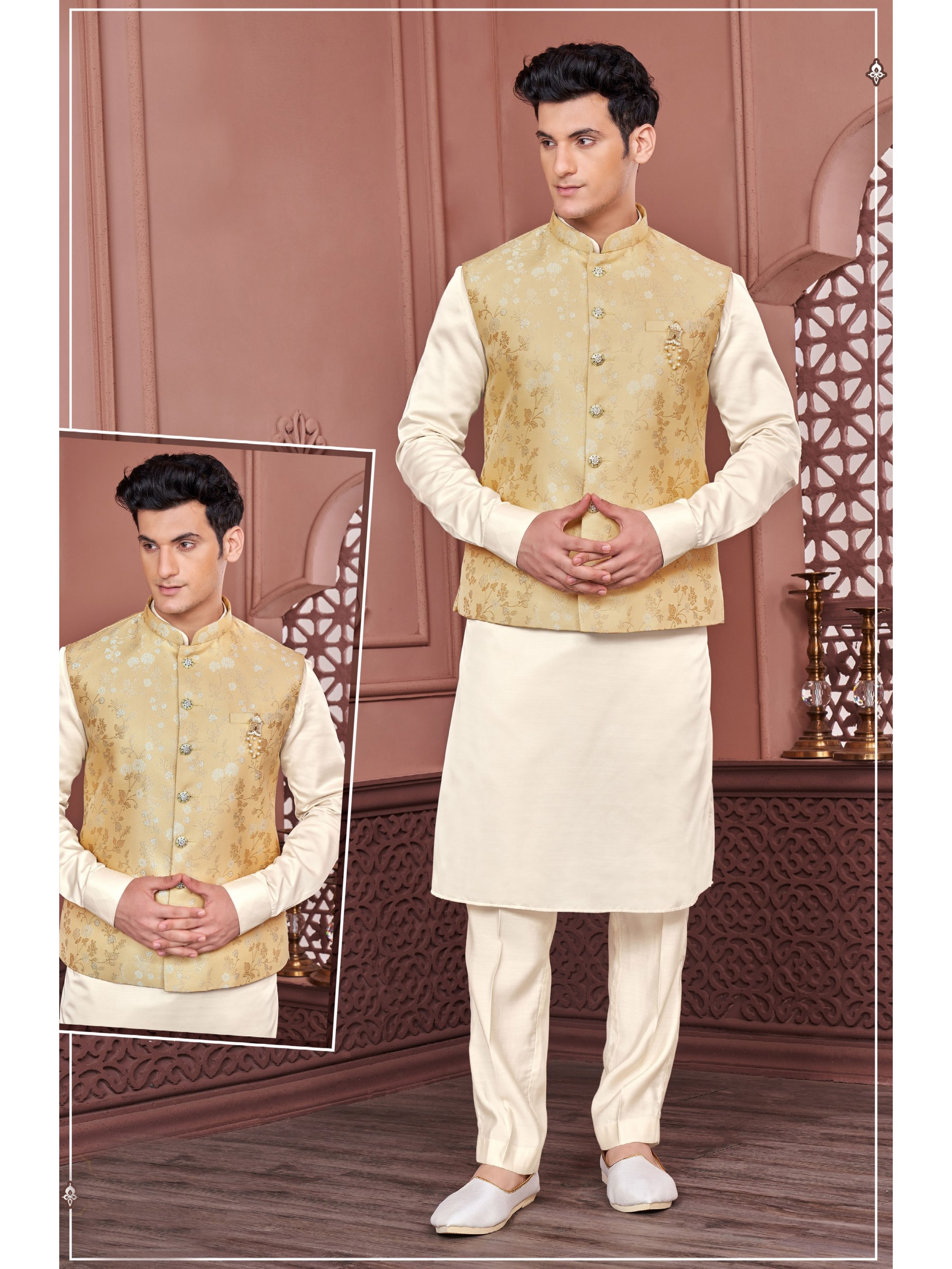 Jacquard Silk Function Wear Heavy Readymade Men's Kurta Paijama With Jacket 