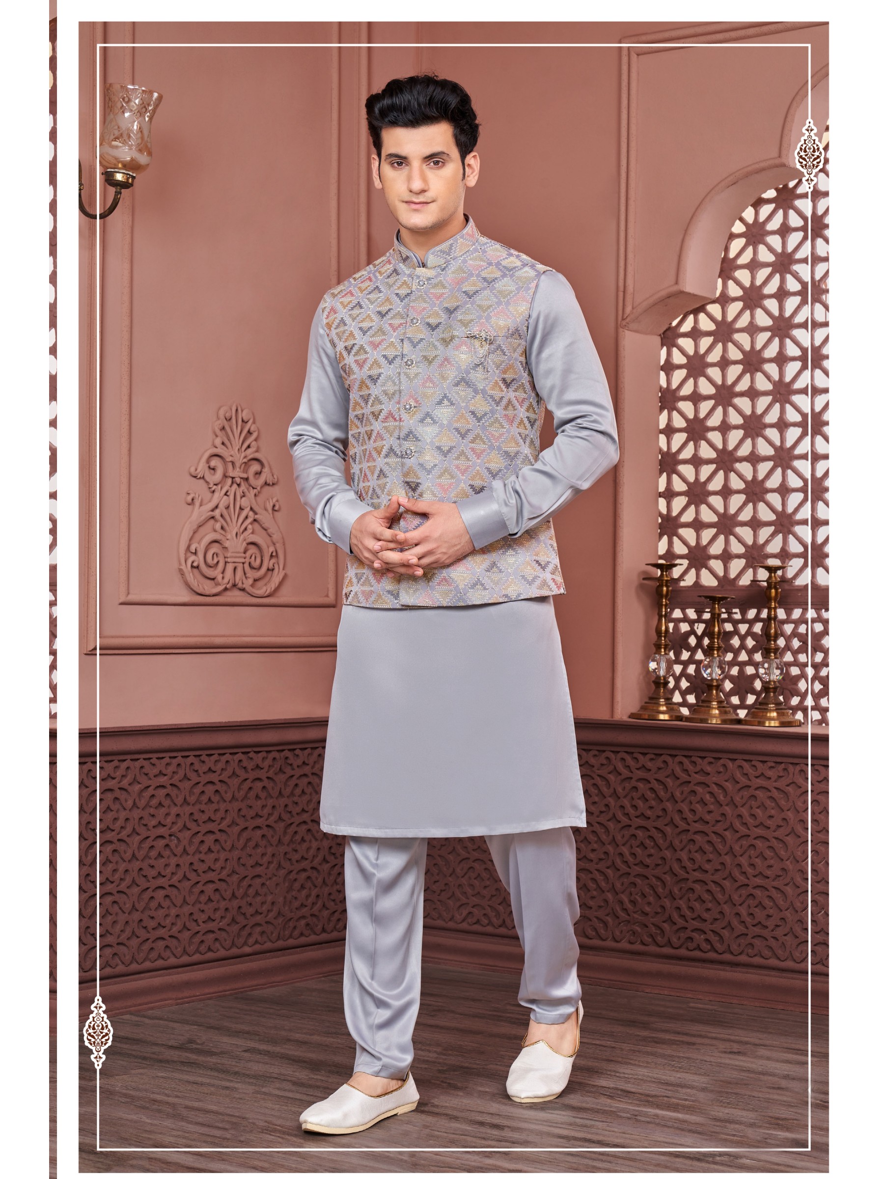 Art Embroidered Banarasi Silk Function Wear Heavy Readymade Men's Kurta Paijama With Jacket 