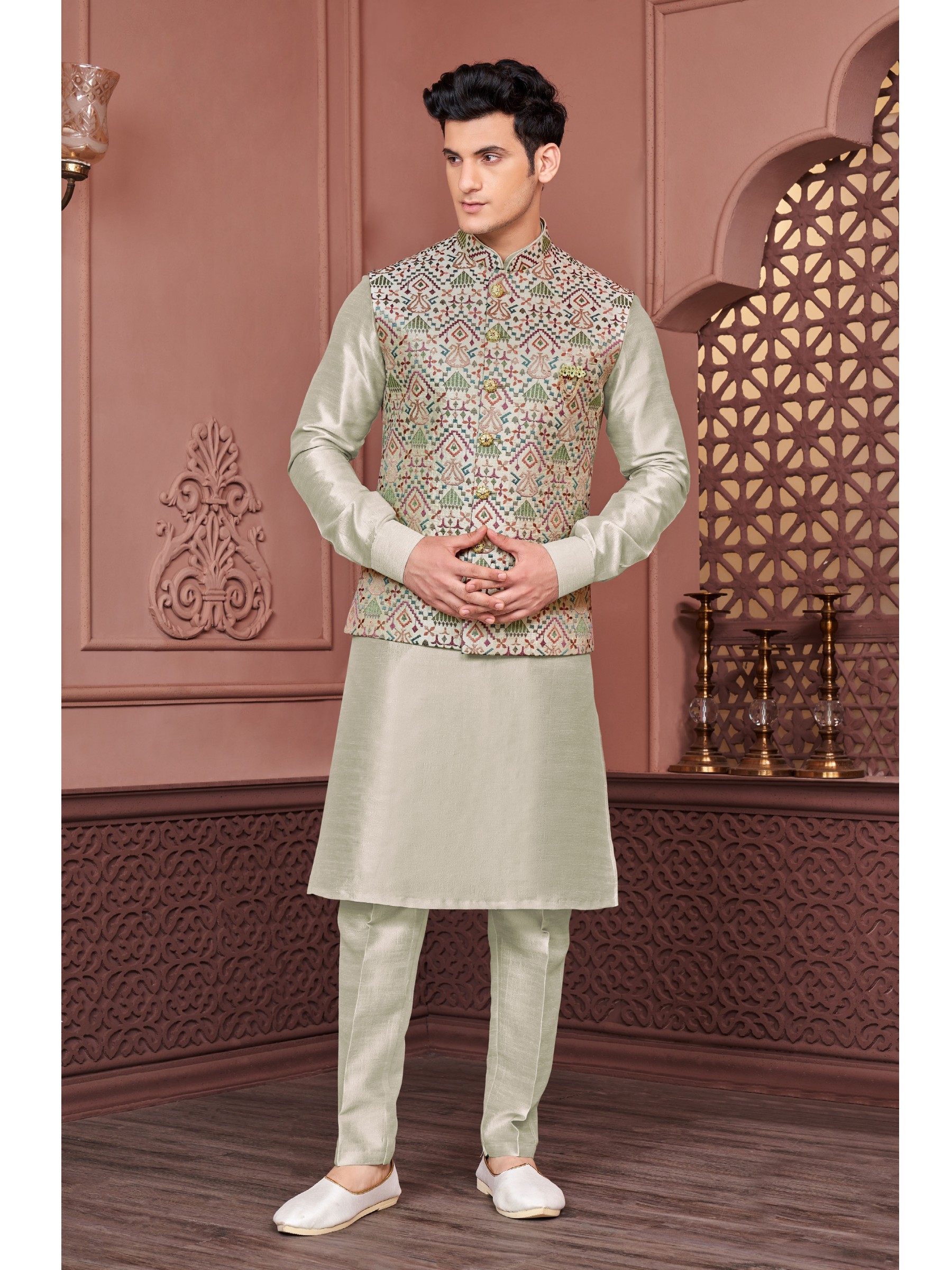 Art Embroidered Banarasi Silk Function Wear Heavy Readymade Men's Kurta Paijama With Jacket 