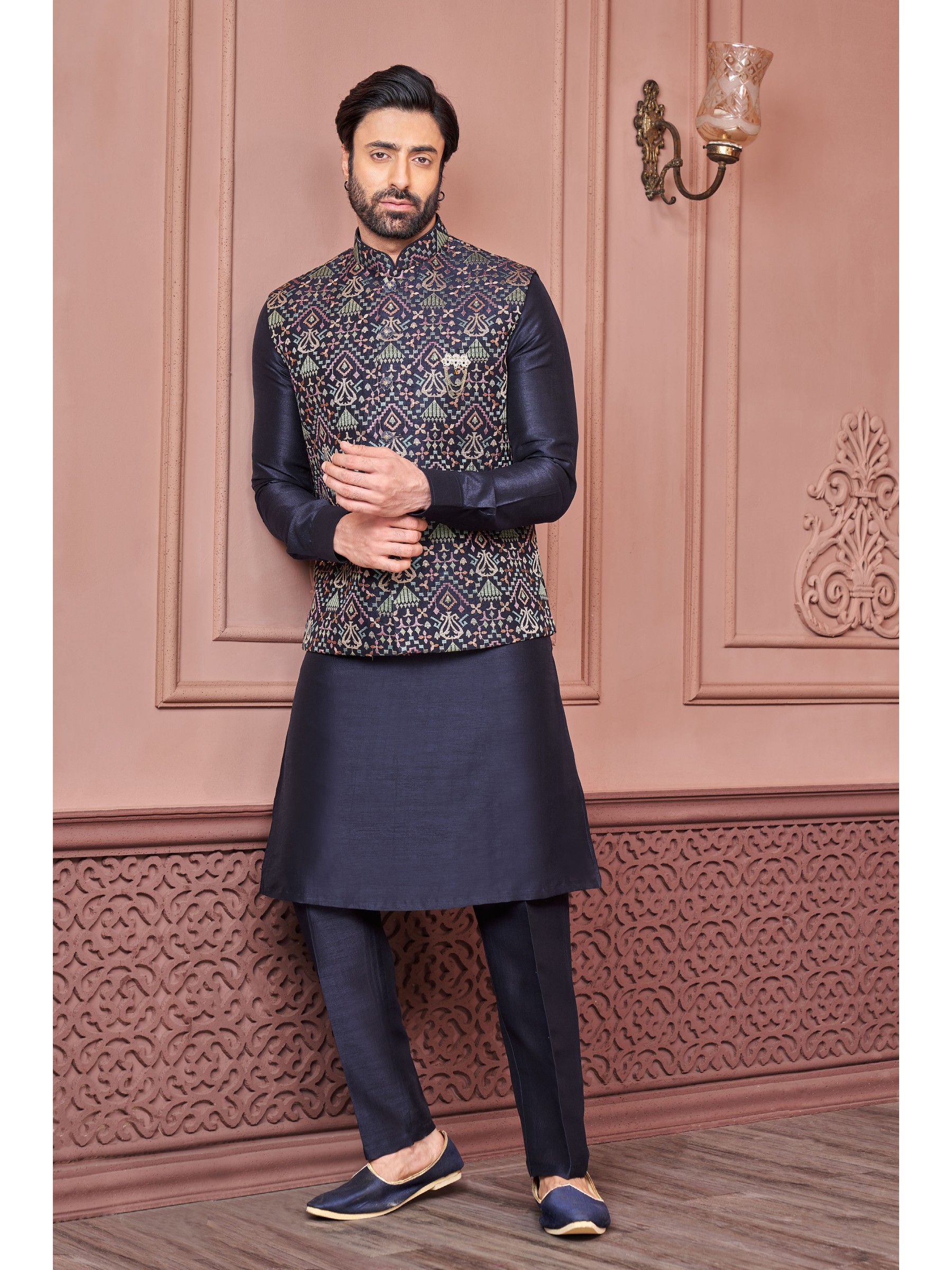Art Embroidered Banarasi Silk Function Wear Heavy Readymade Men's Kurta Paijama With Jacket 