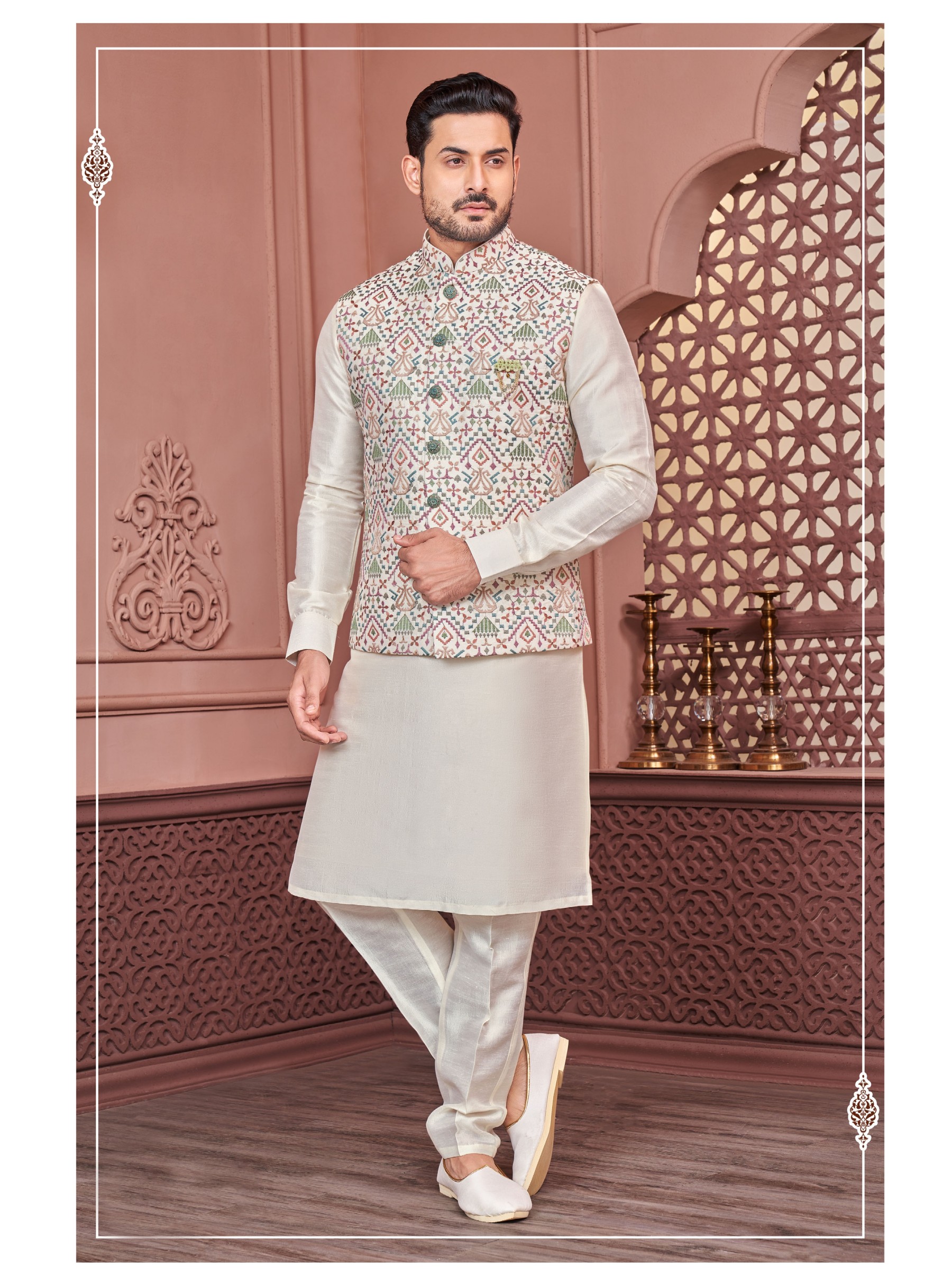 Art Embroidered Banarasi Silk Function Wear Heavy Readymade Men's Kurta Paijama With Jacket 