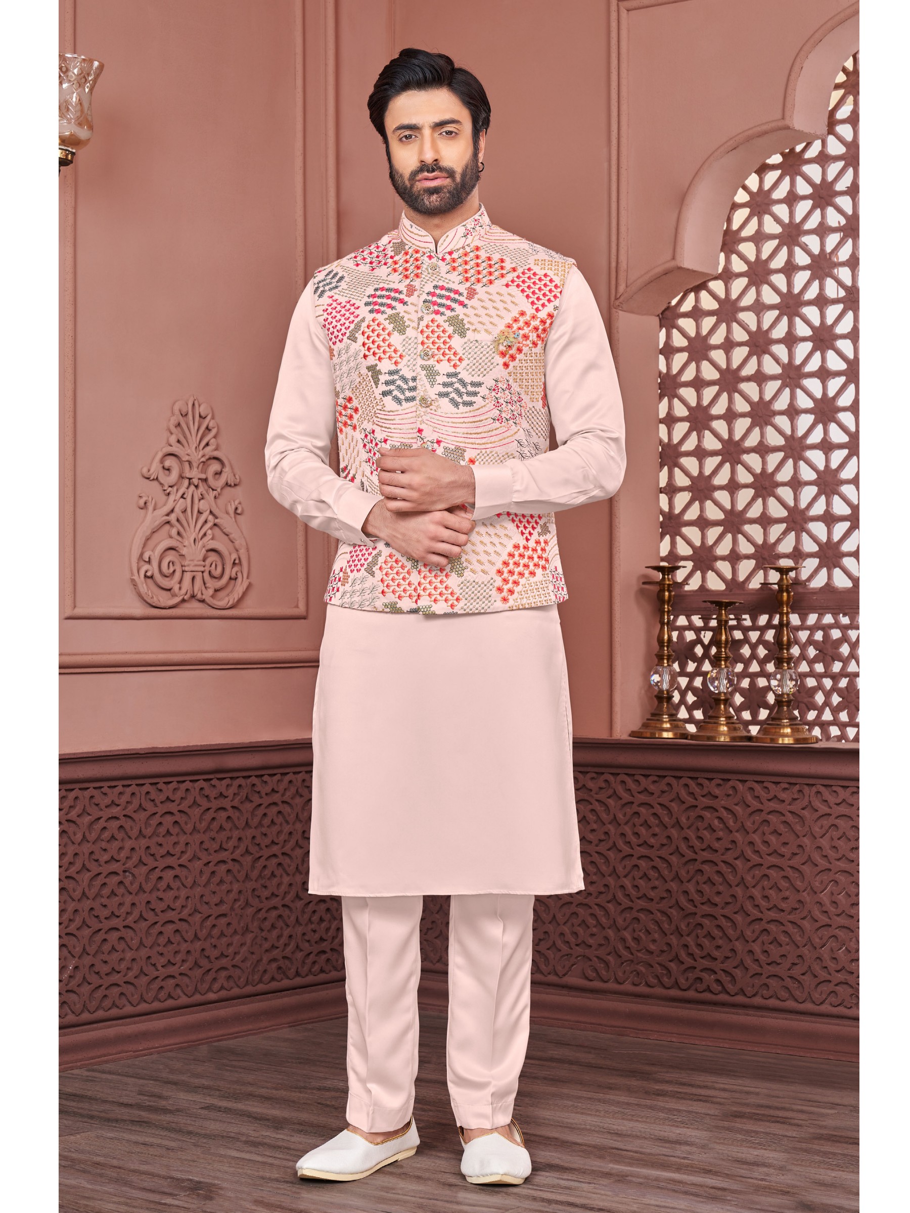 Art Embroidered Banarasi Silk Function Wear Heavy Readymade Men's Kurta Paijama With Jacket 