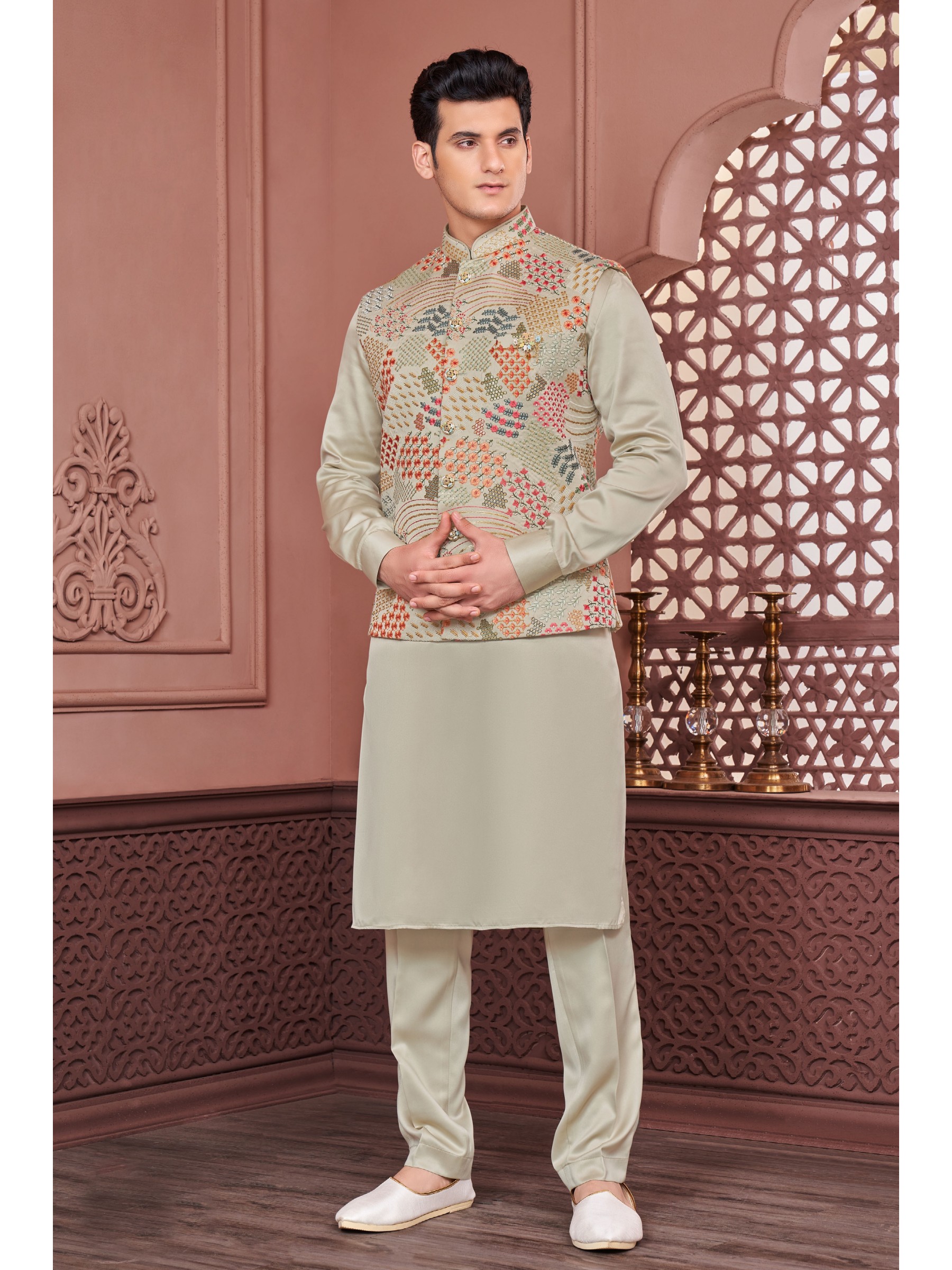 Art Embroidered Banarasi Silk Function Wear Heavy Readymade Men's Kurta Paijama With Jacket 