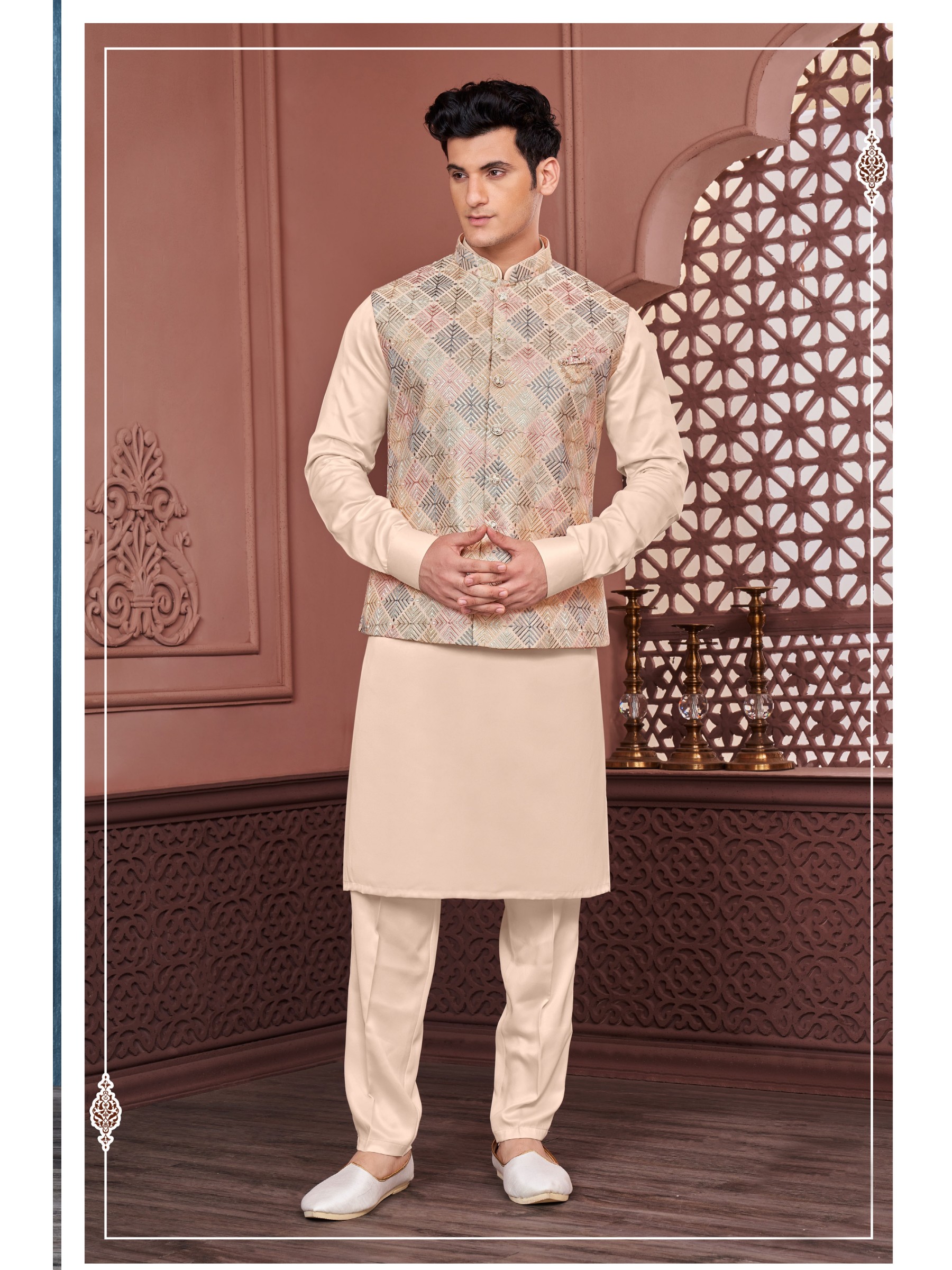 Art Embroidered Banarasi Silk Function Wear Heavy Readymade Men's Kurta Paijama With Jacket 