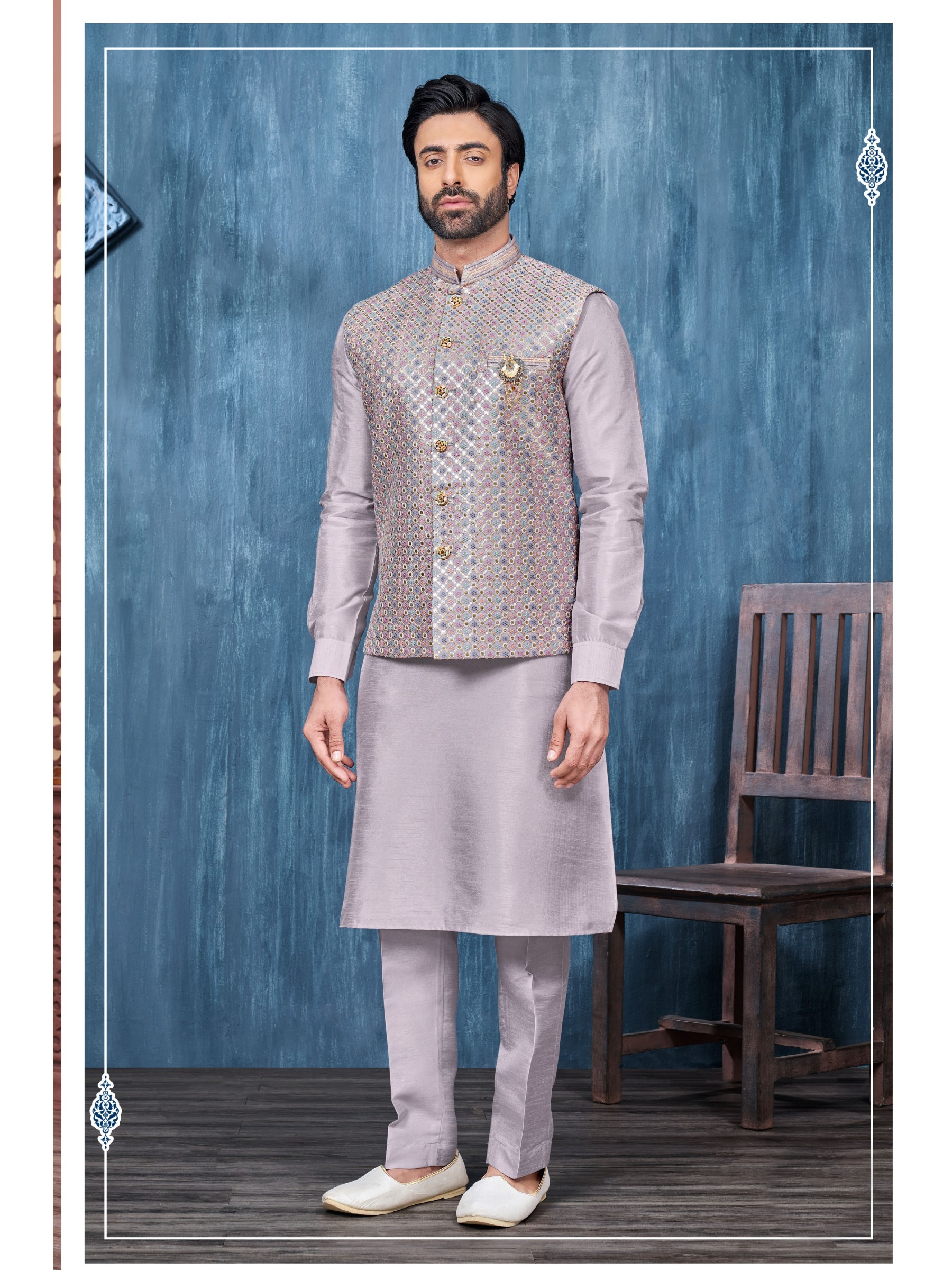 Art Embroidered Banarasi Silk Function Wear Heavy Readymade Men's Kurta Paijama With Jacket 