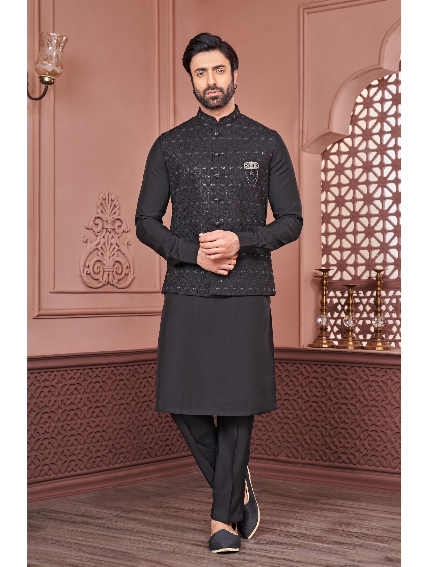 Art Embroidered Banarasi Silk Function Wear Heavy Readymade Men's Kurta Paijama With Jacket 