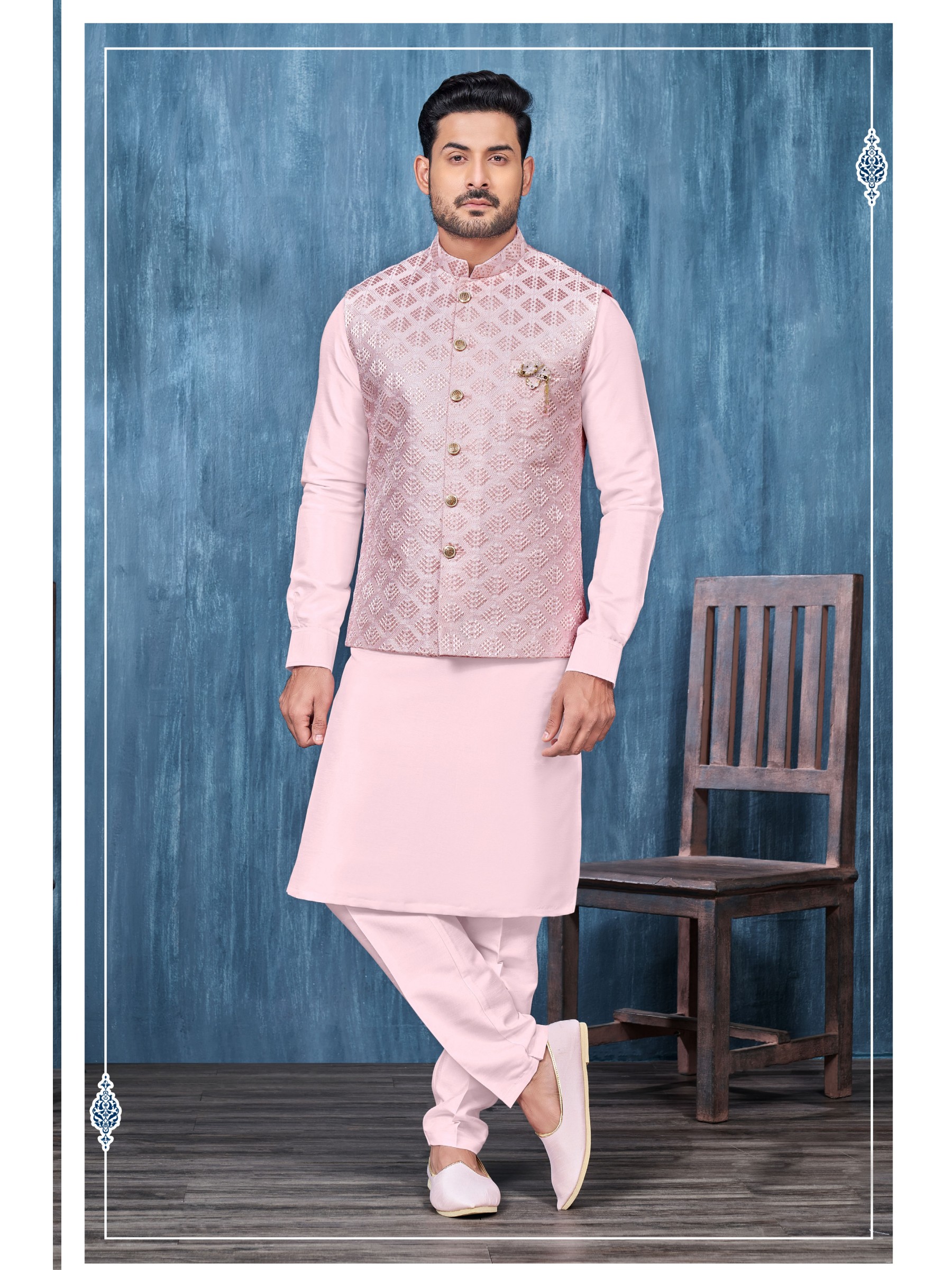 Art Embroidered Banarasi Silk Function Wear Heavy Readymade Men's Kurta Paijama With Jacket 