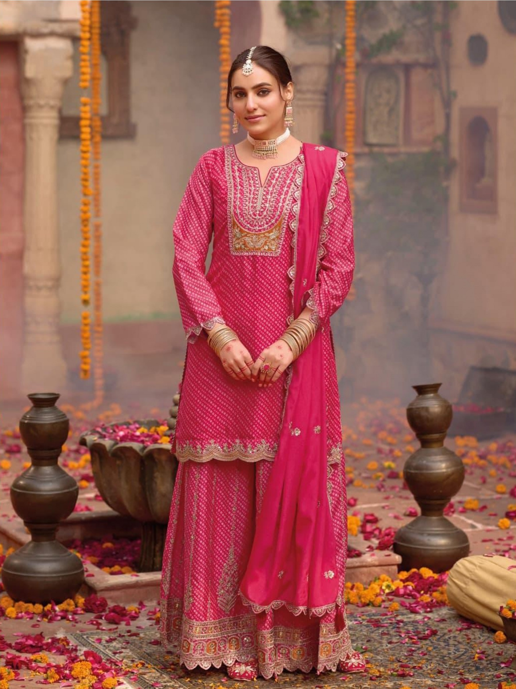 Pure Chinon Silk Party Wear Sharara in Pink Color with Embroidery Work
