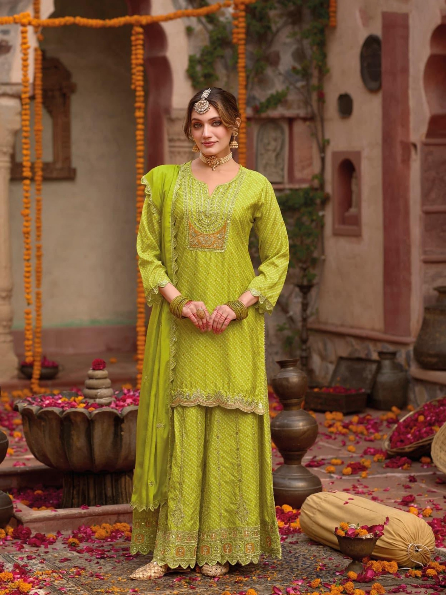 Pure Chinon Silk Party Wear Sharara in Lemon Green Color with Embroidery Work