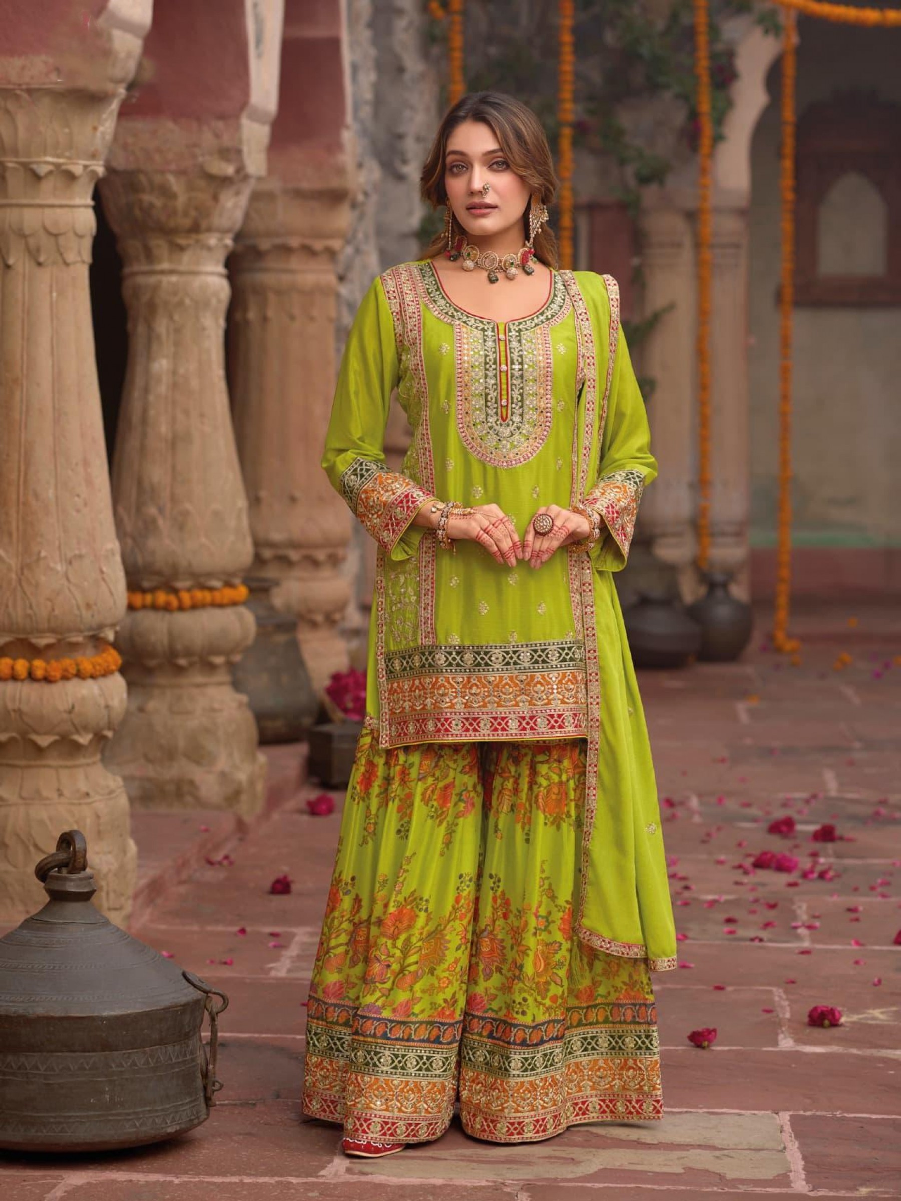 Pure Chinon Silk Party Wear Sharara in Lemon Green Color with Embroidery Work