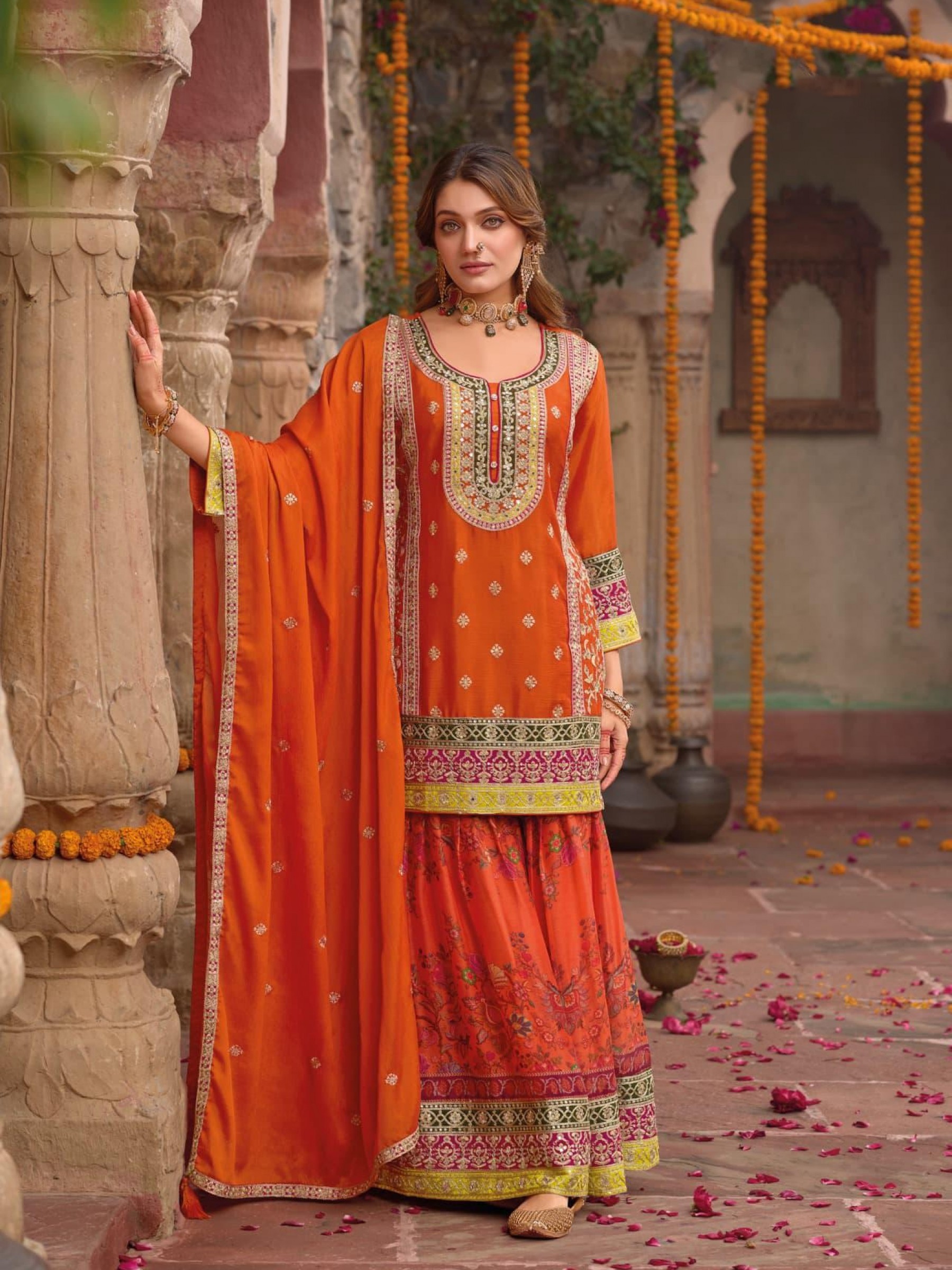 Pure Chinon Silk Party Wear Sharara in Orange Color with Embroidery Work