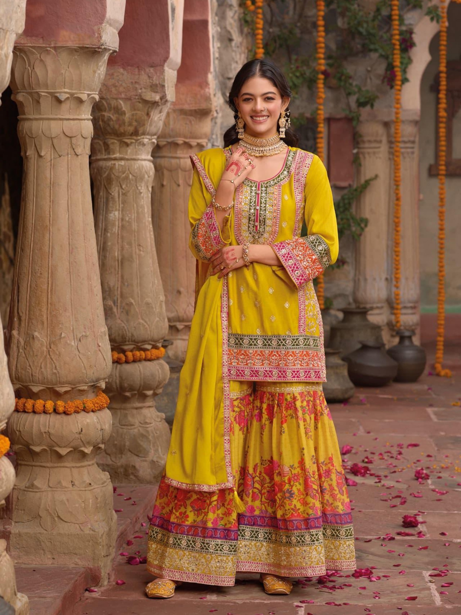 Pure Chinon Silk Party Wear Sharara in Yellow Color with Embroidery Work
