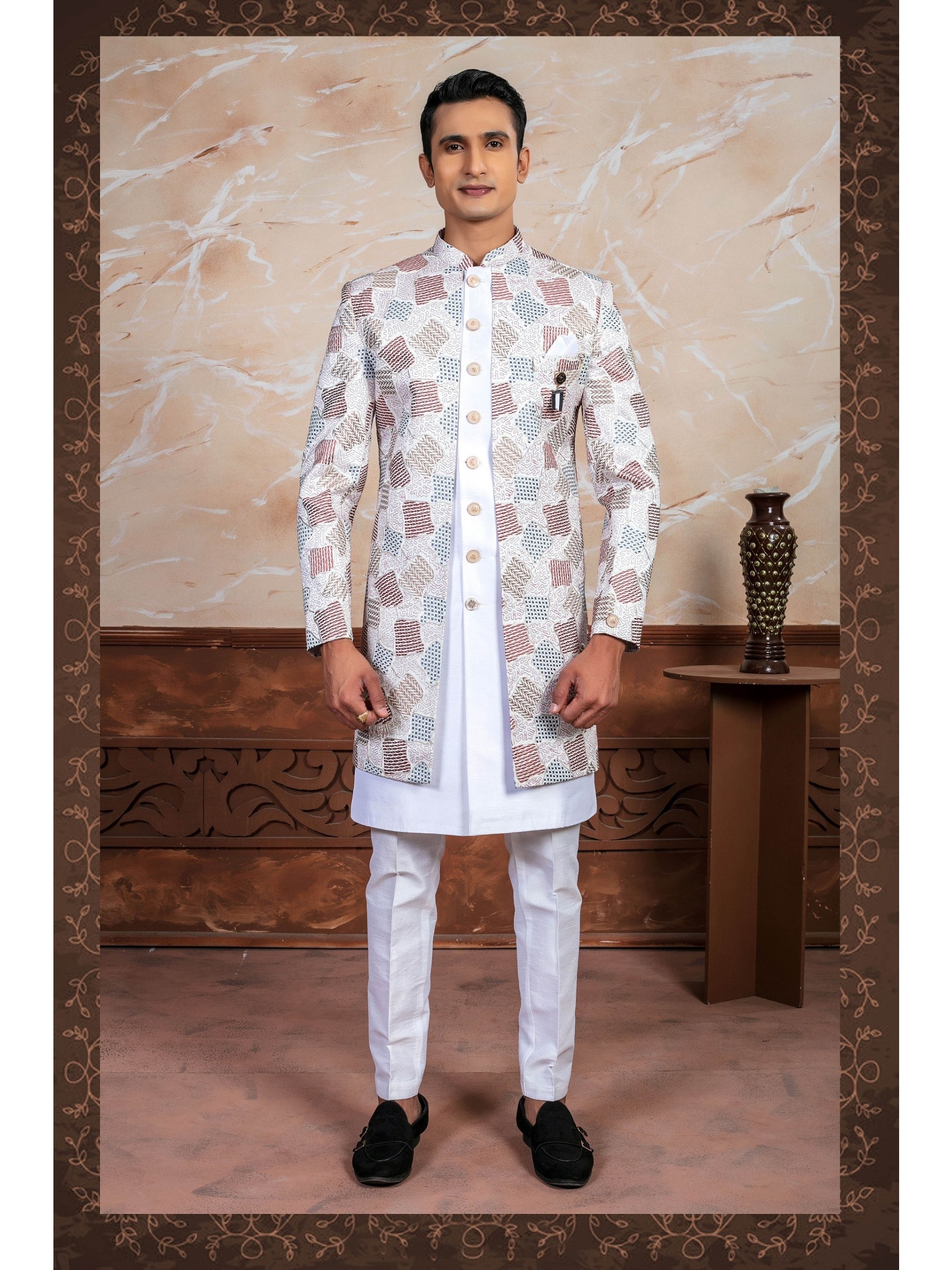 Pure Silk Fabric IndoWestern Ready Made Dress in Off White color with Embroidery Work 