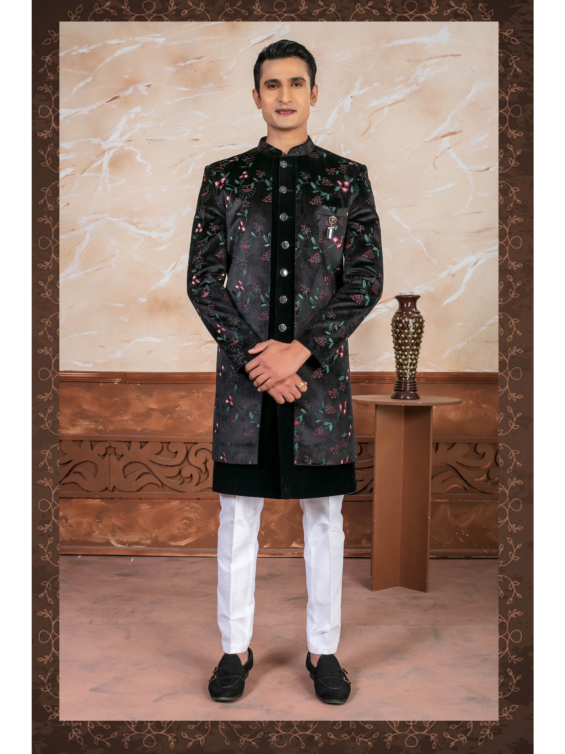 Velvet Fabric IndoWestern Ready Made Dress in Black color with Embroidery Work 