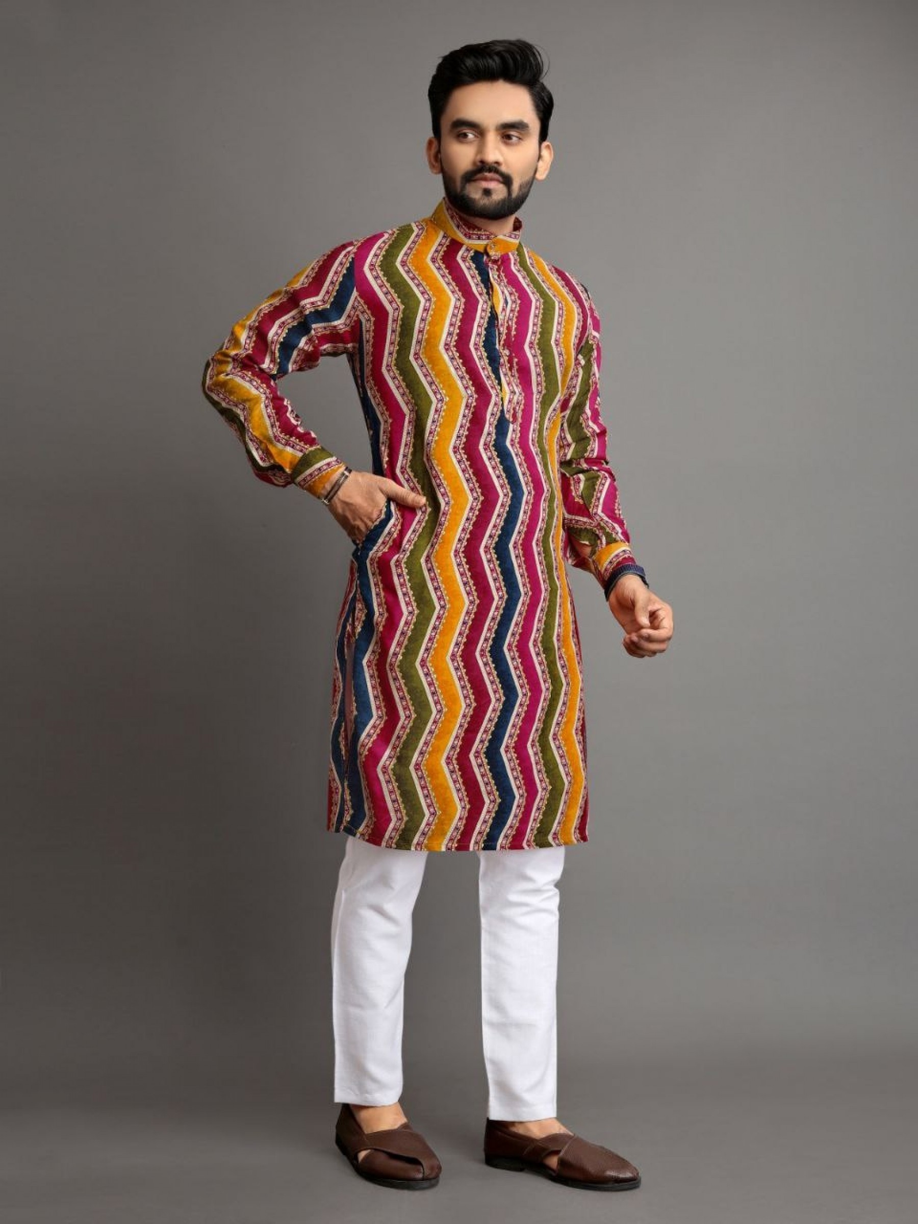 Jacquard Silk Readymade Kurta in Multi Color 