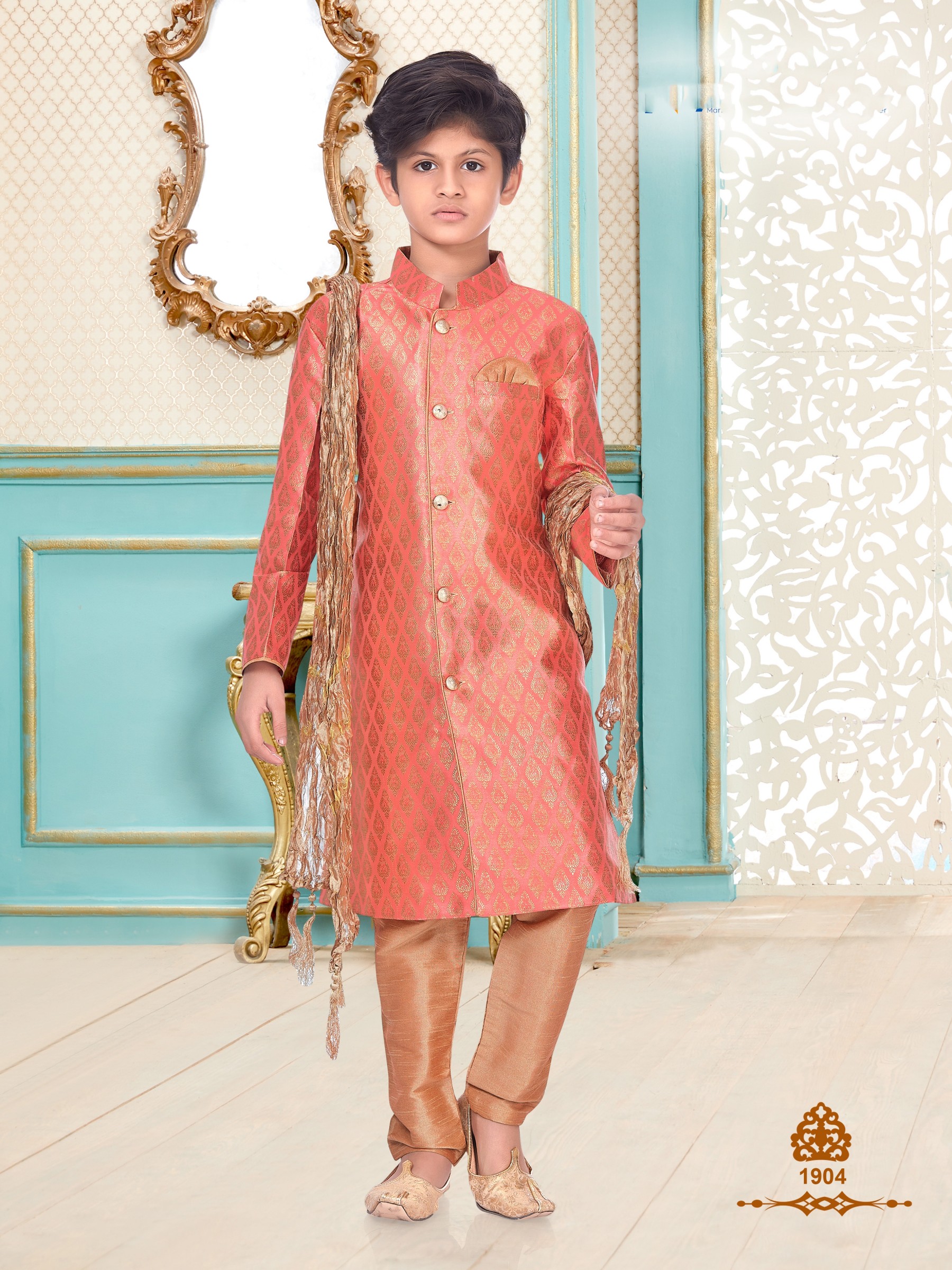 Banarasi Silk Wedding Wear Readymade Kids Kurta set in Orange 