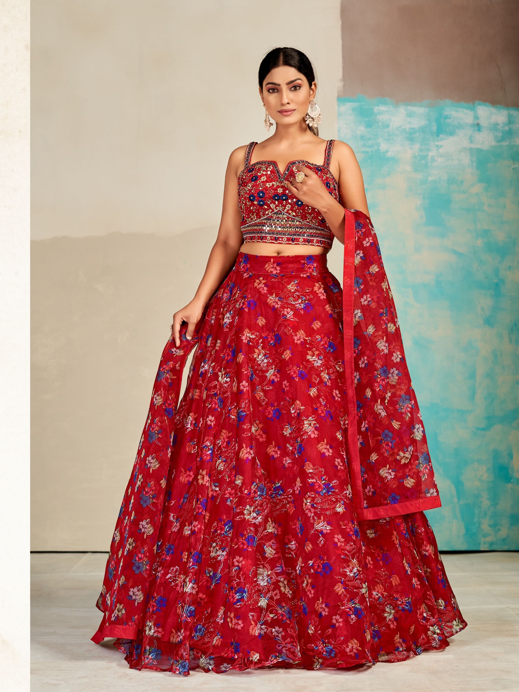 Organza  Fabrics Party Wear Lehenga in Red Color With Embroidery Work 