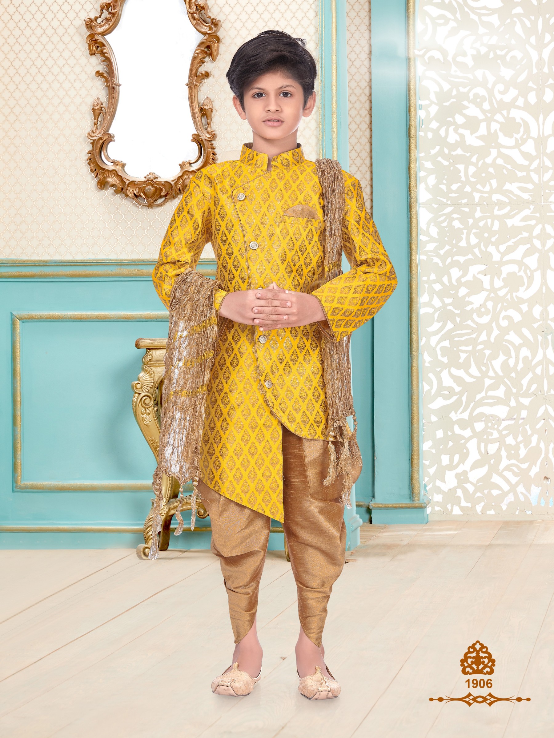 Banarasi Silk Wedding Wear Readymade Kids Kurta set in Yellow
