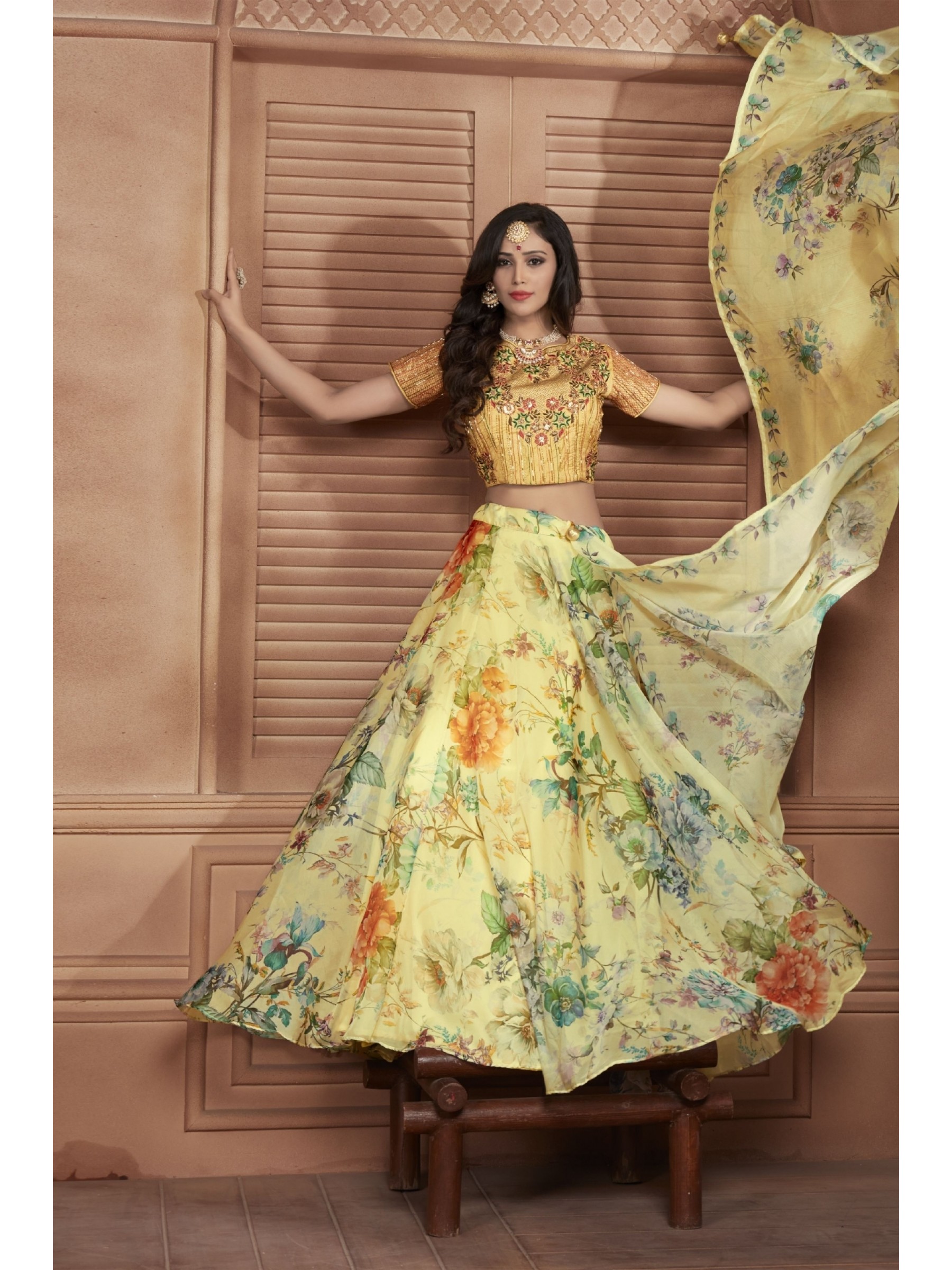 Organza Silk  Fabrics Party Wear Lehenga in  Yellow Color With Embroidery  