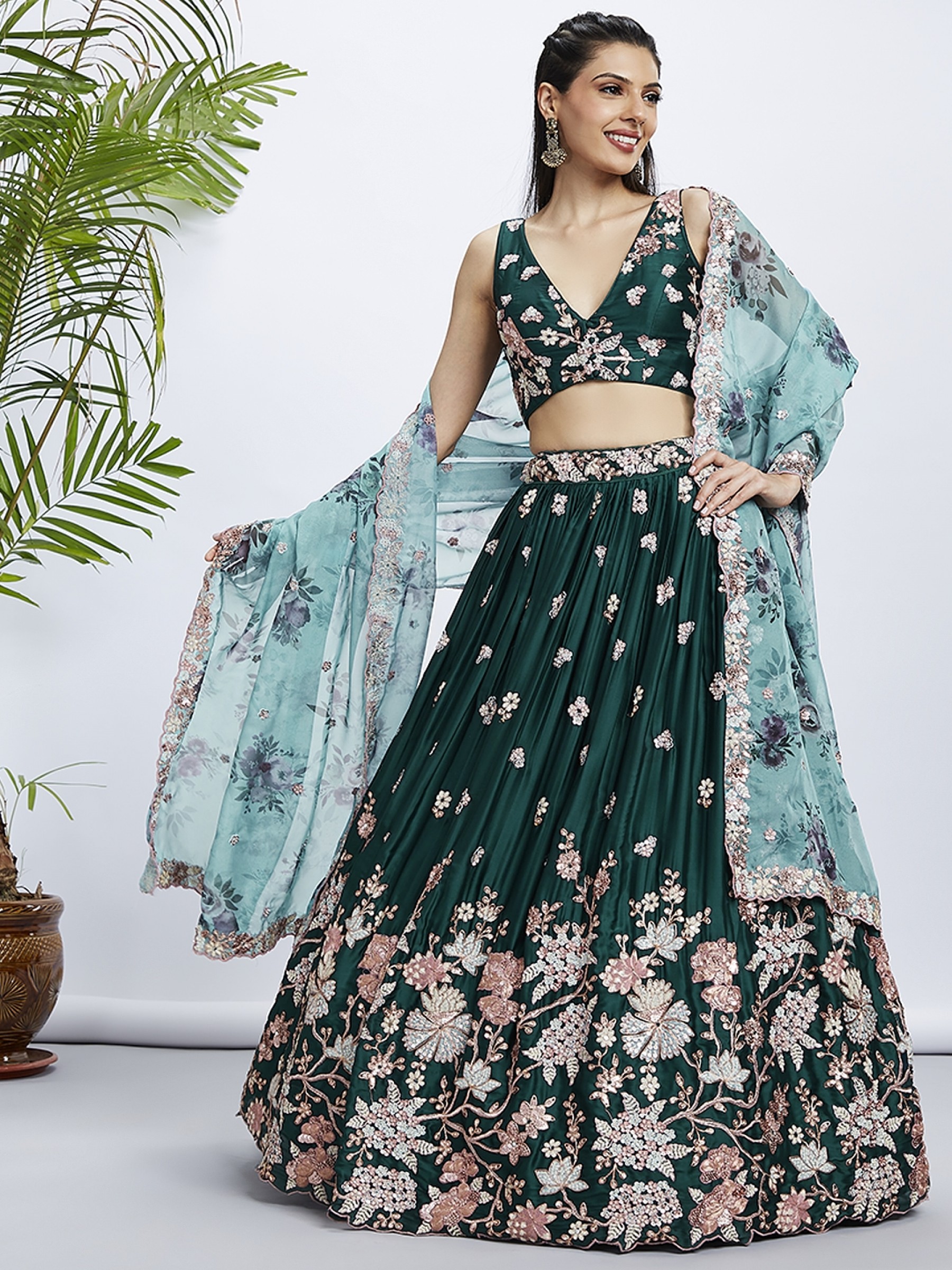 Pure Georgette Lehenga In Green Color With Embroidery Work & Sequence Work  