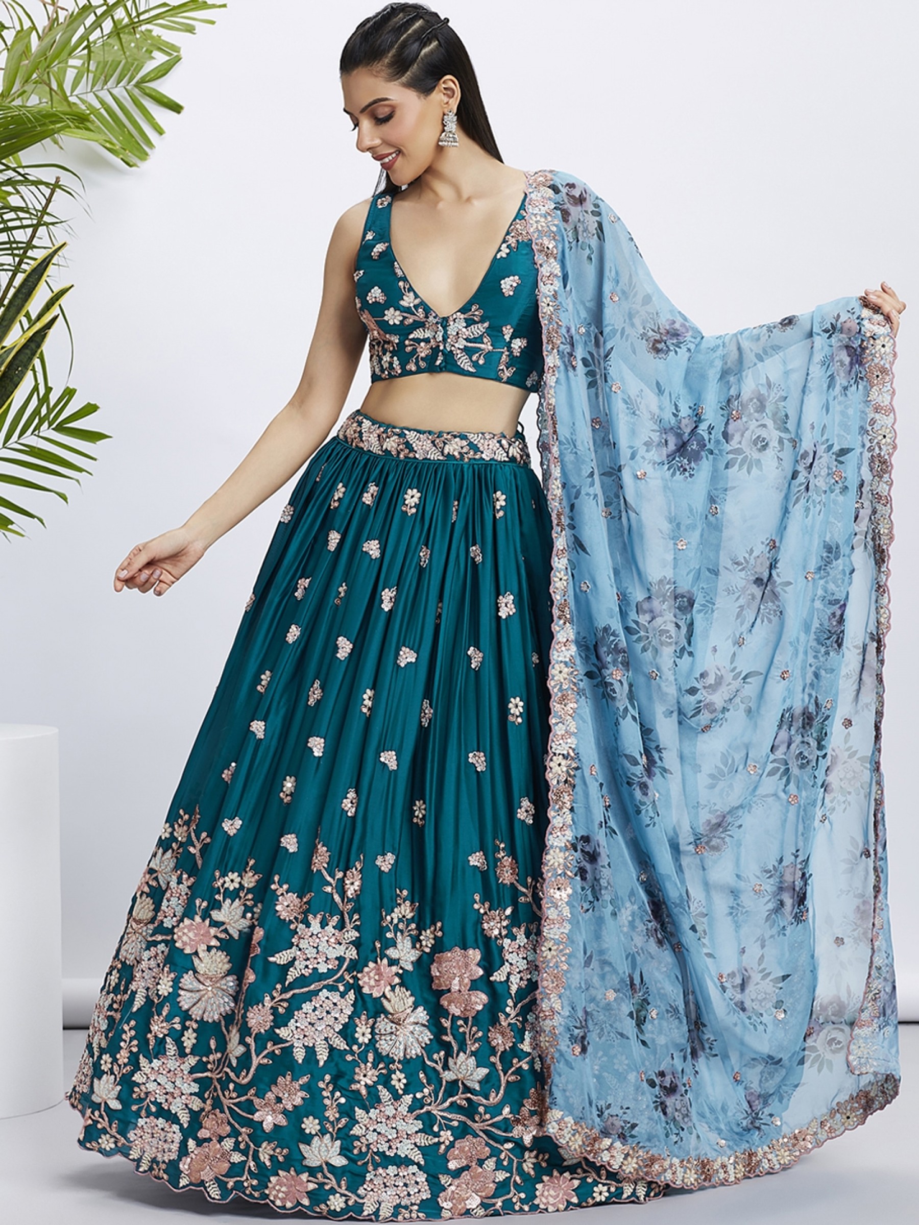 Pure Georgette Lehenga In Teal Color With Embroidery Work & Sequence Work  
