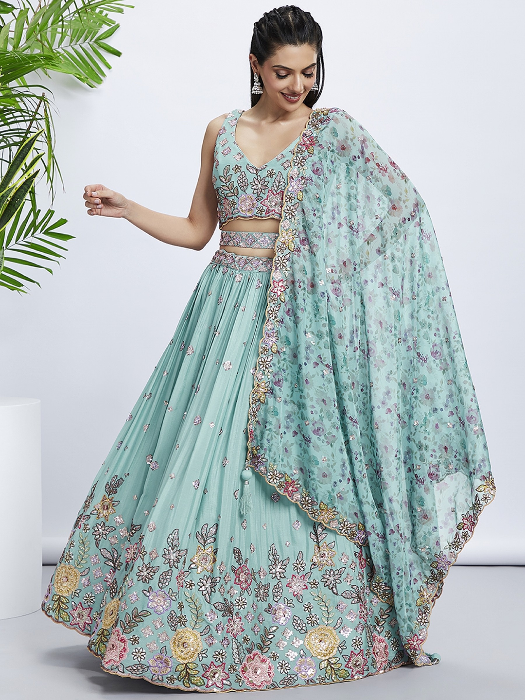 Pure Chiffon Lehenga In Turquoise blue Color With Embroidery Work & Sequence Work  