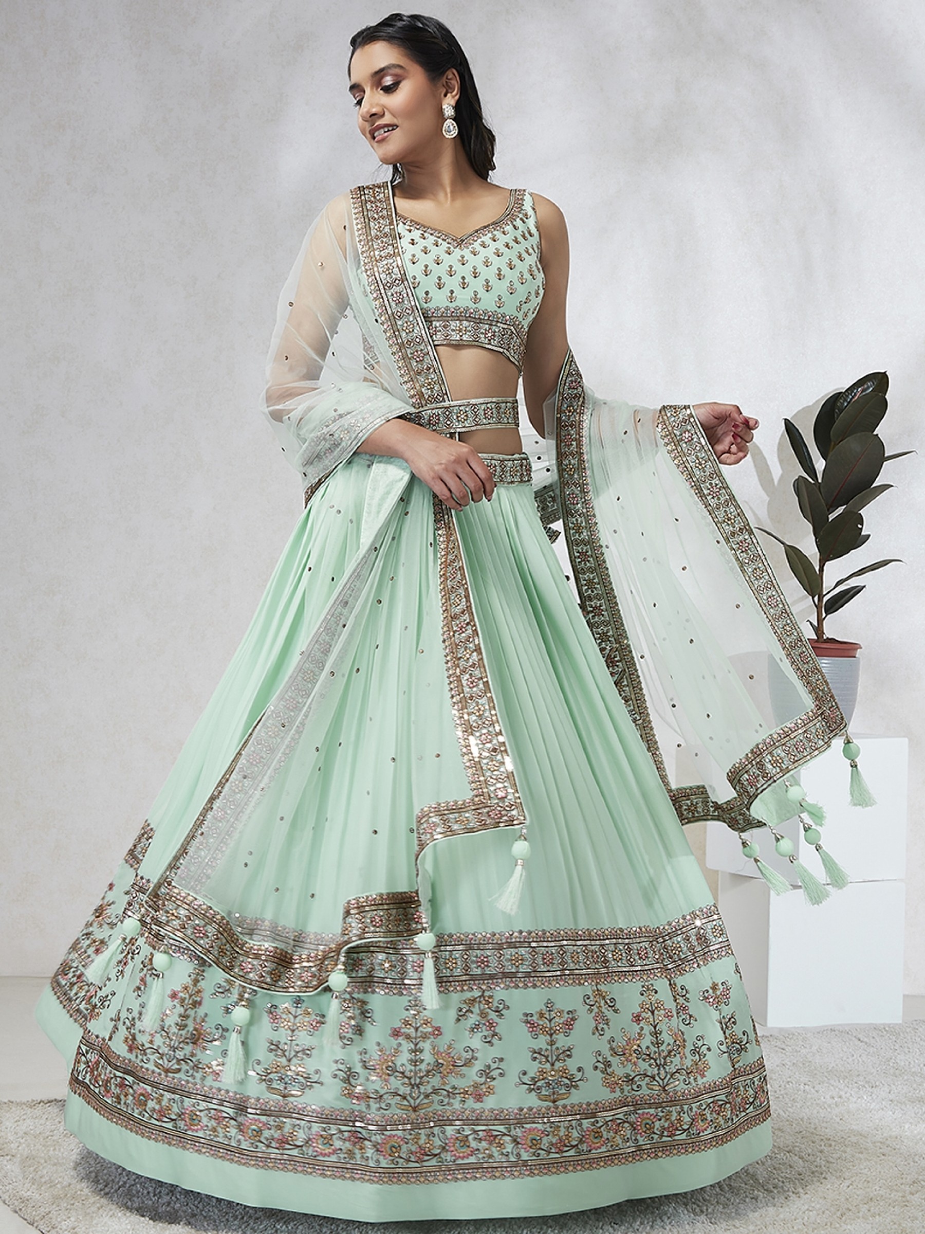 Pure Georgette Lehenga In Sea Green Color With Embroidery Work & Sequence Work  