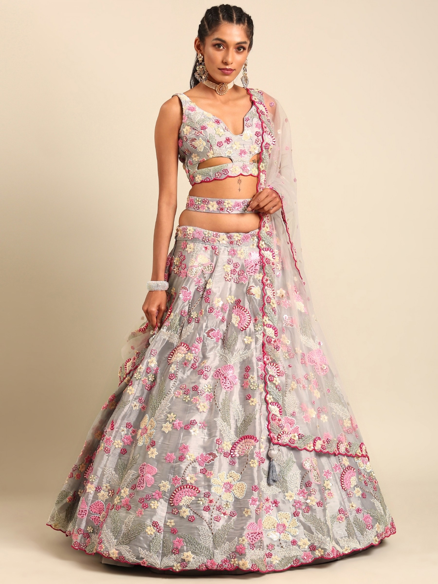 Pure Organza Silk Lehenga In Grey Color With Embroidery Work, Zarkan Work  & Sequins work