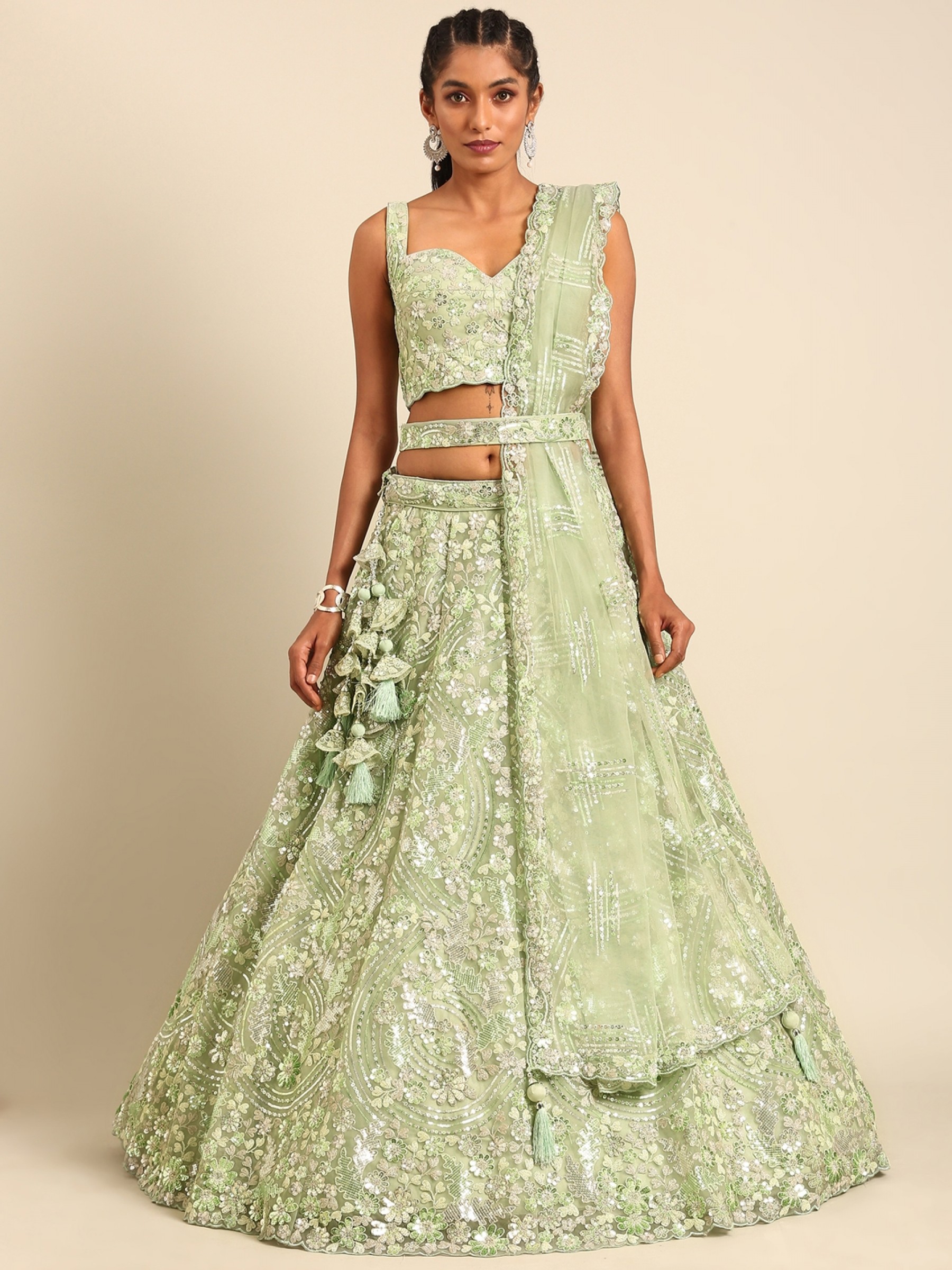 Soft Premium Net Party Wear Wear Lehenga In Lime Green Color With Embroidery Work 