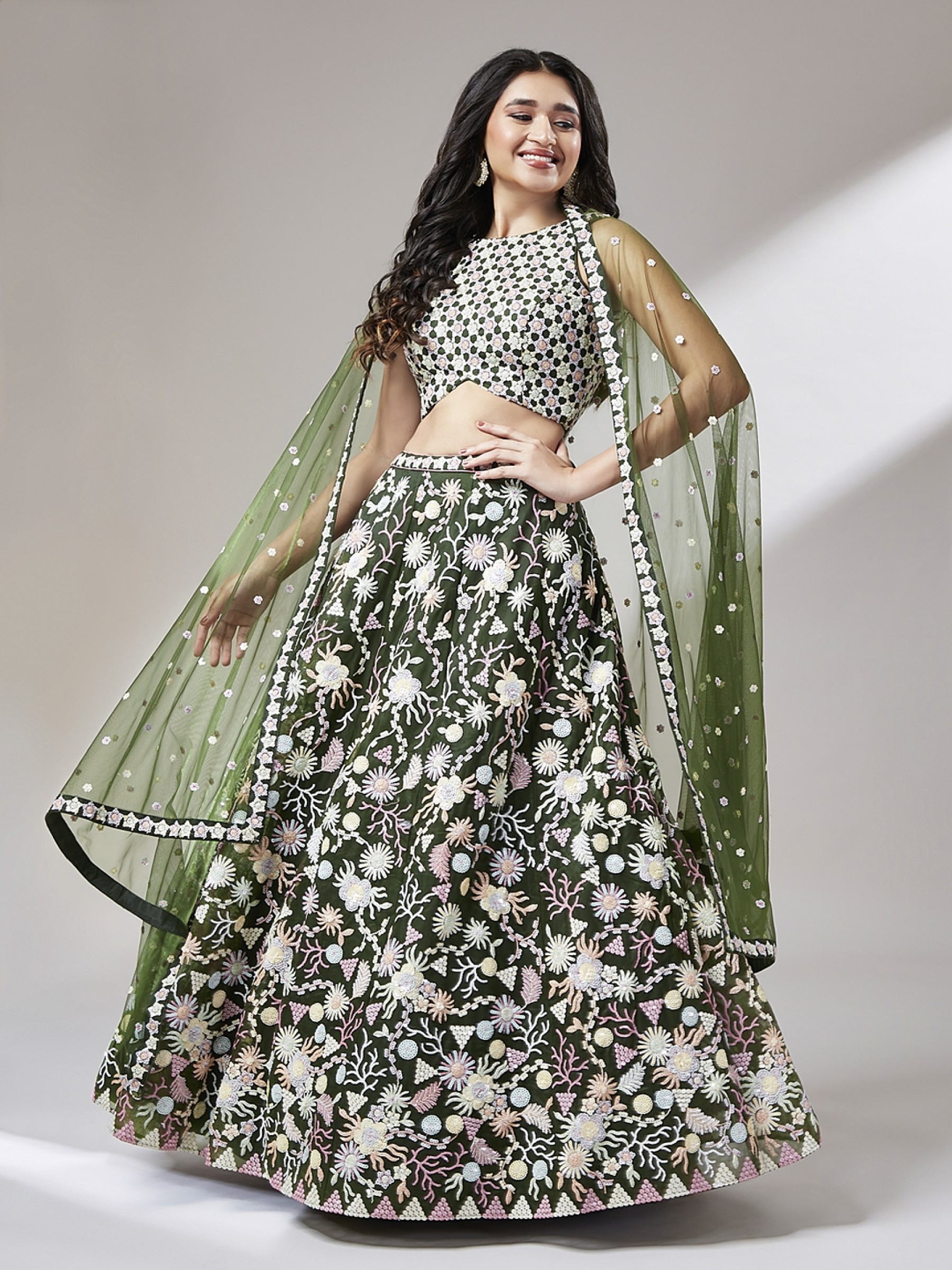 Soft Premium Net Party Wear Wear Lehenga In Olive Color With Embroidery Work 