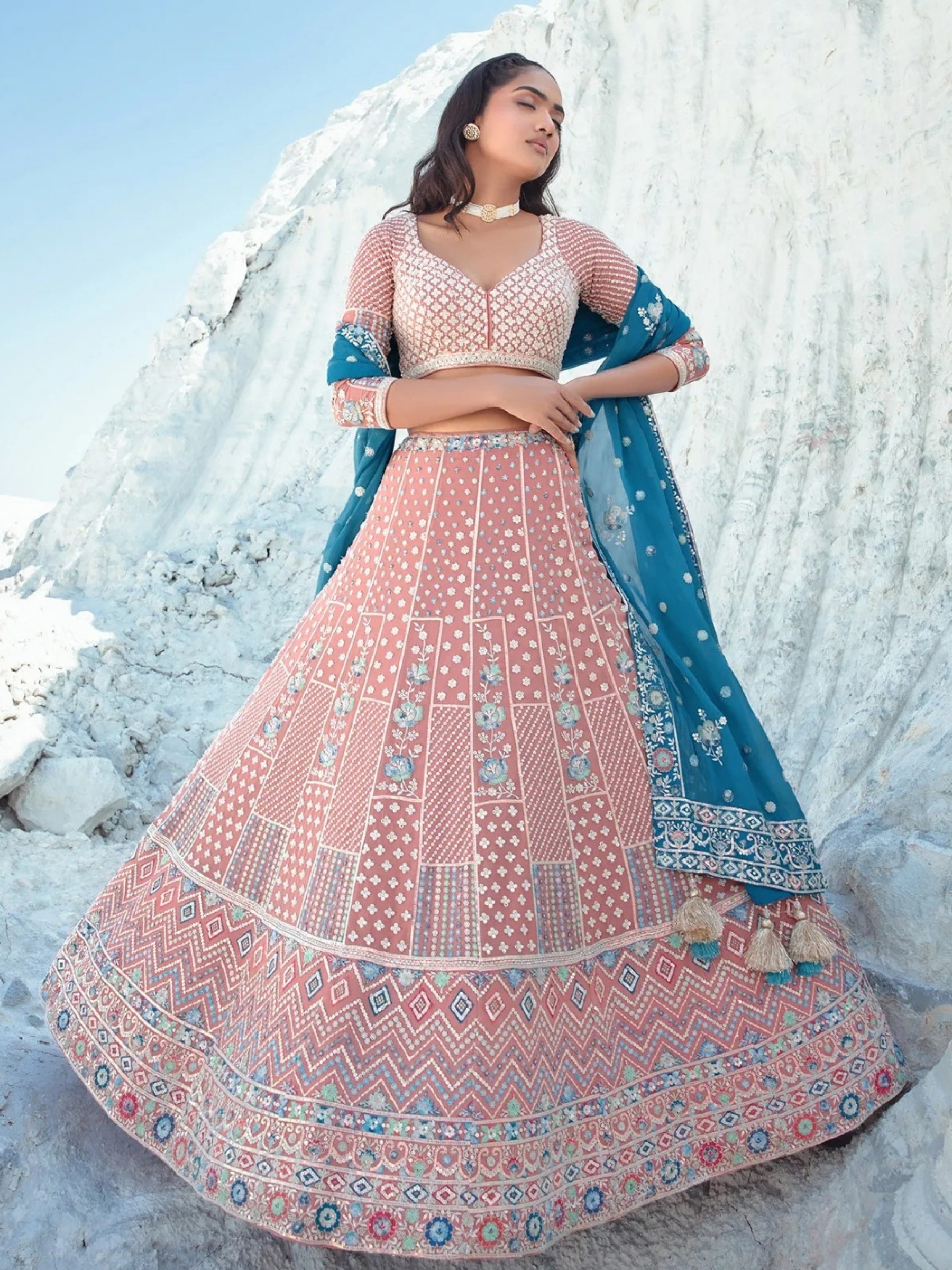 Pure Georgette Fabric Wedding Wear Lehenga In Peach Color With Embroidery Work    