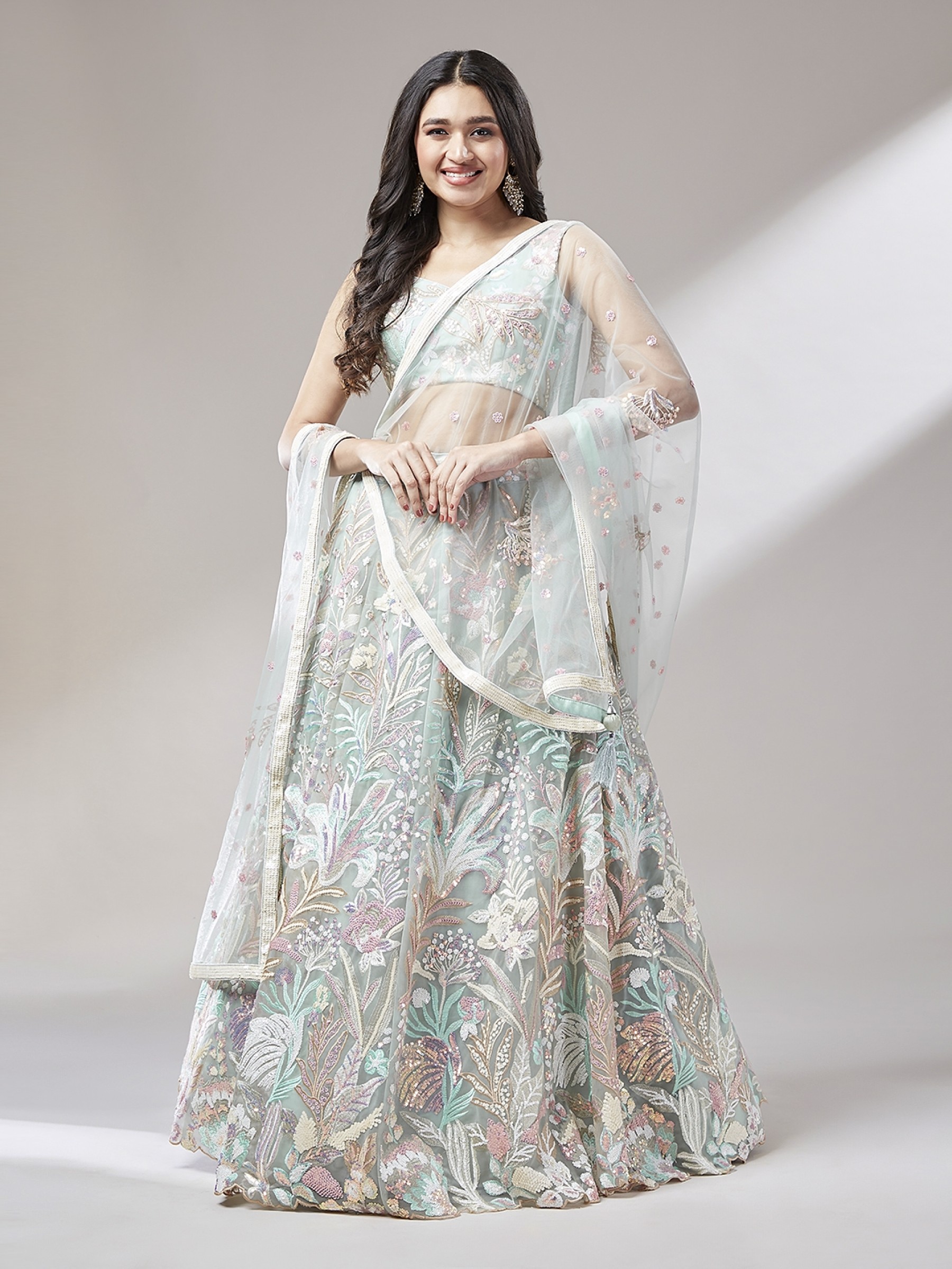 Soft Premium Net Party Wear Wear Lehenga In Light Green Color With Embroidery Work 