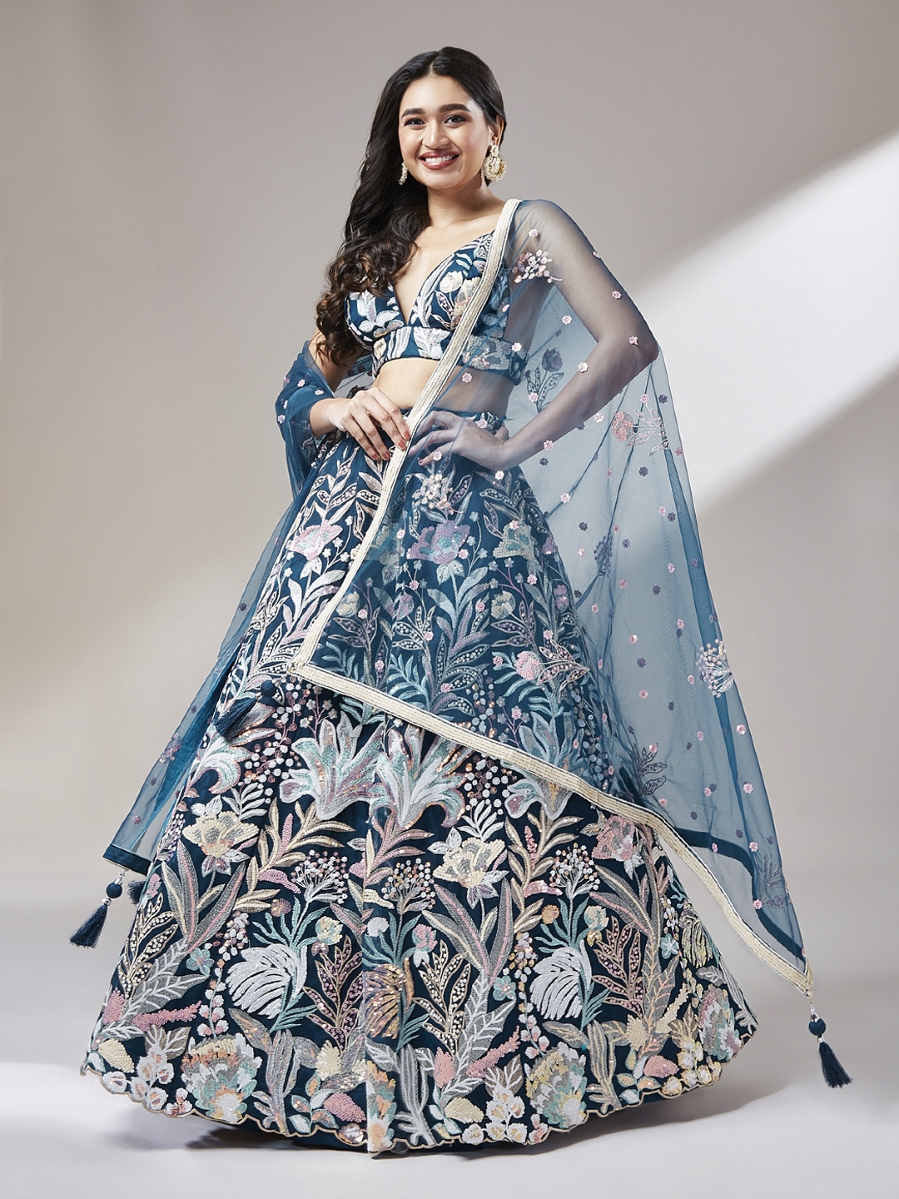 Soft Premium Net Party Wear Wear Lehenga In Navy Blue Color With Embroidery Work 