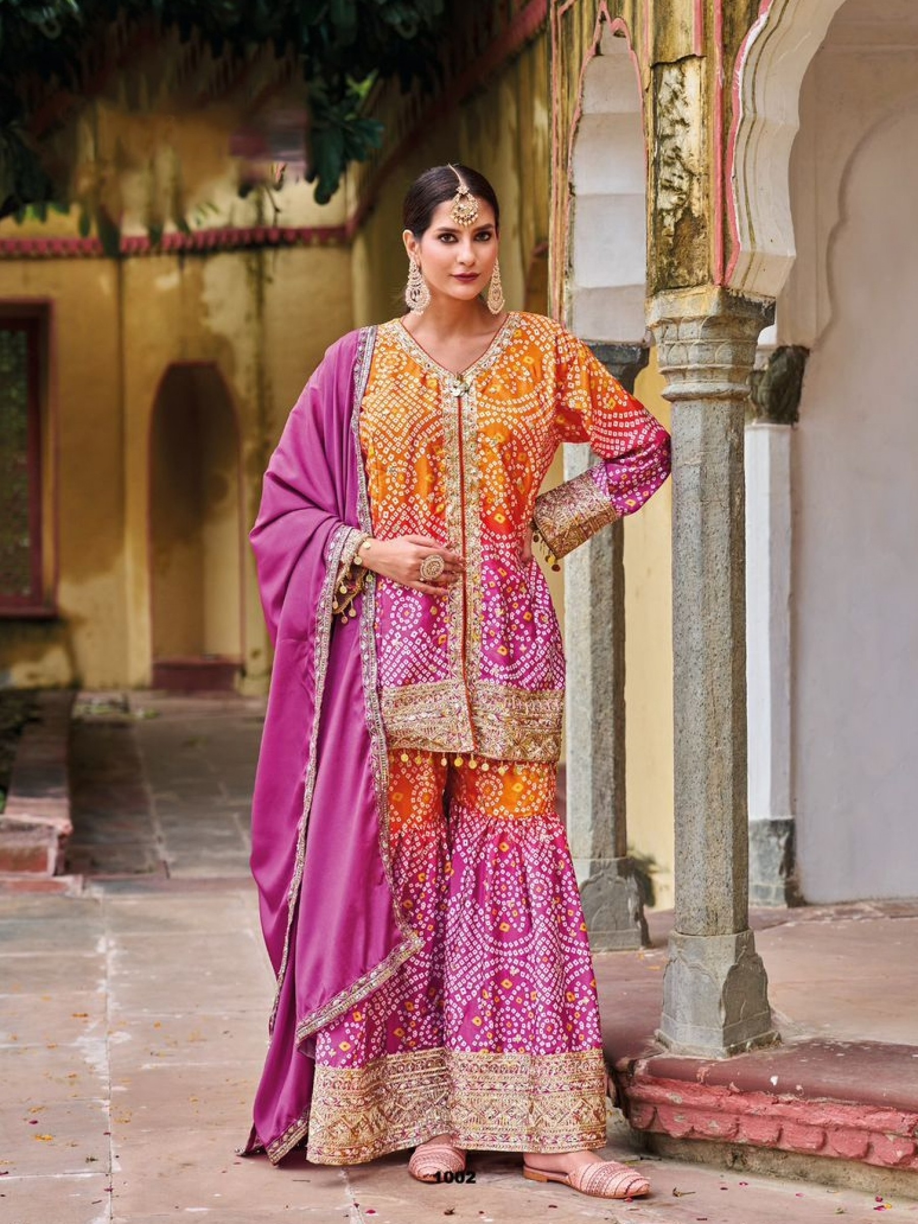 Pure Chinon Silk Party Wear Sharara Multi Color with Embroidery Work
