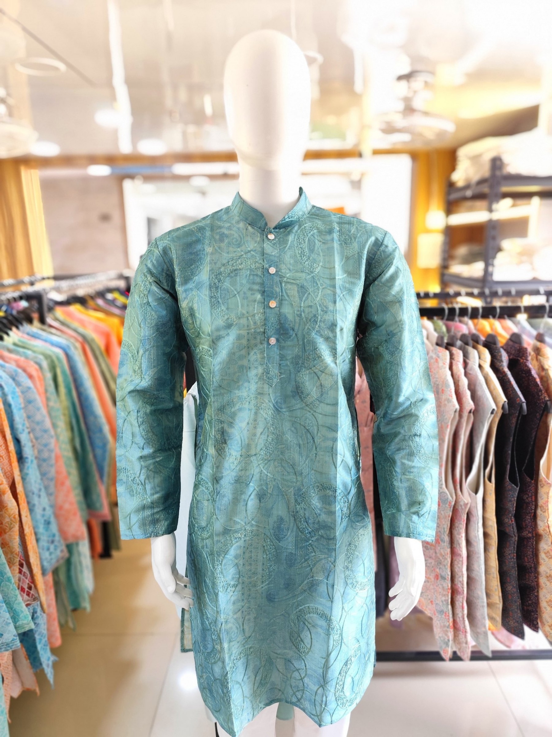 Pure Silk Readymade Kurta set in Sky Blue Color With Jacquard Weaving 