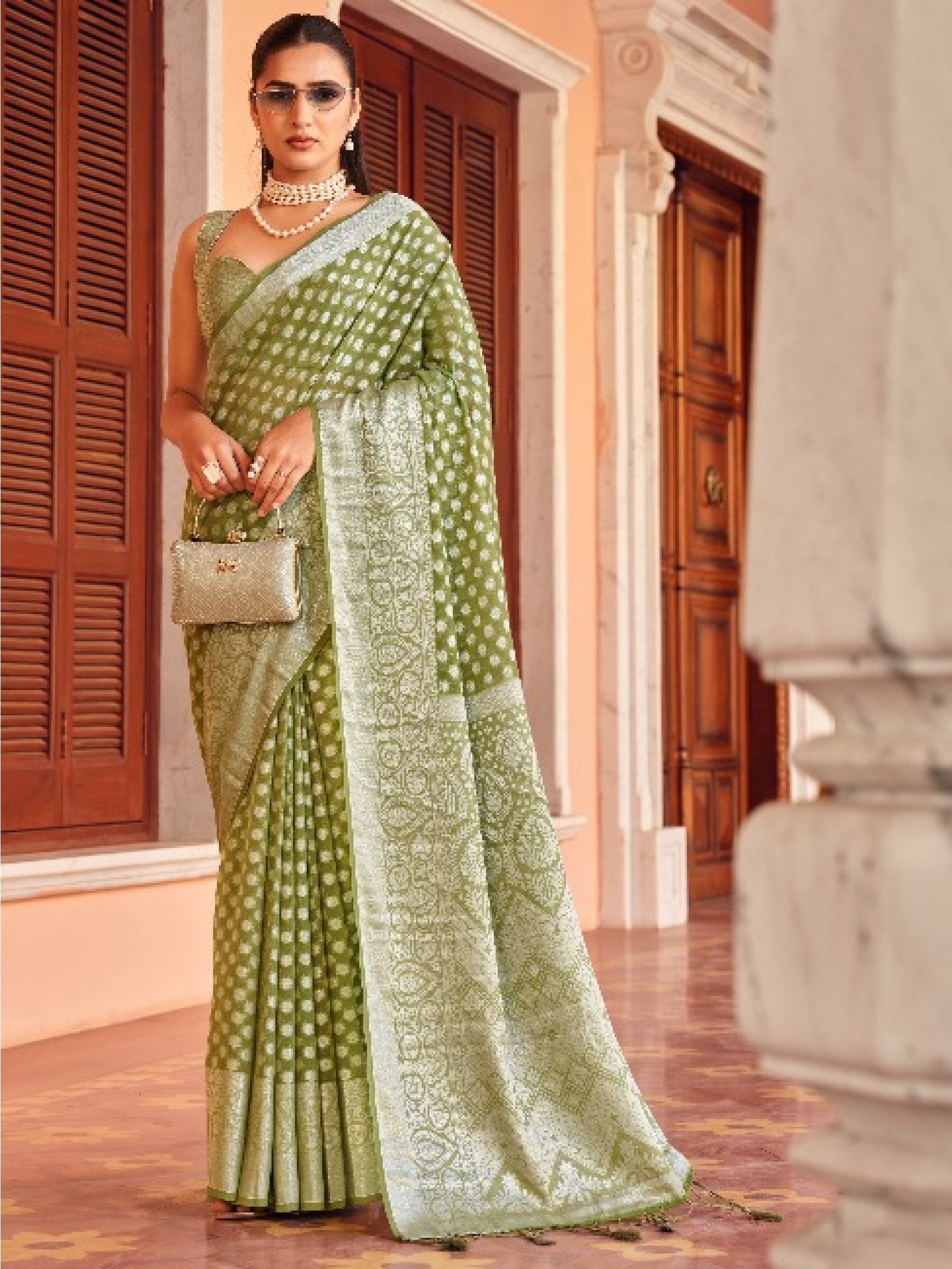 Georgette Party wear Saree In Lime Green Color With Weaving Butta Border Work