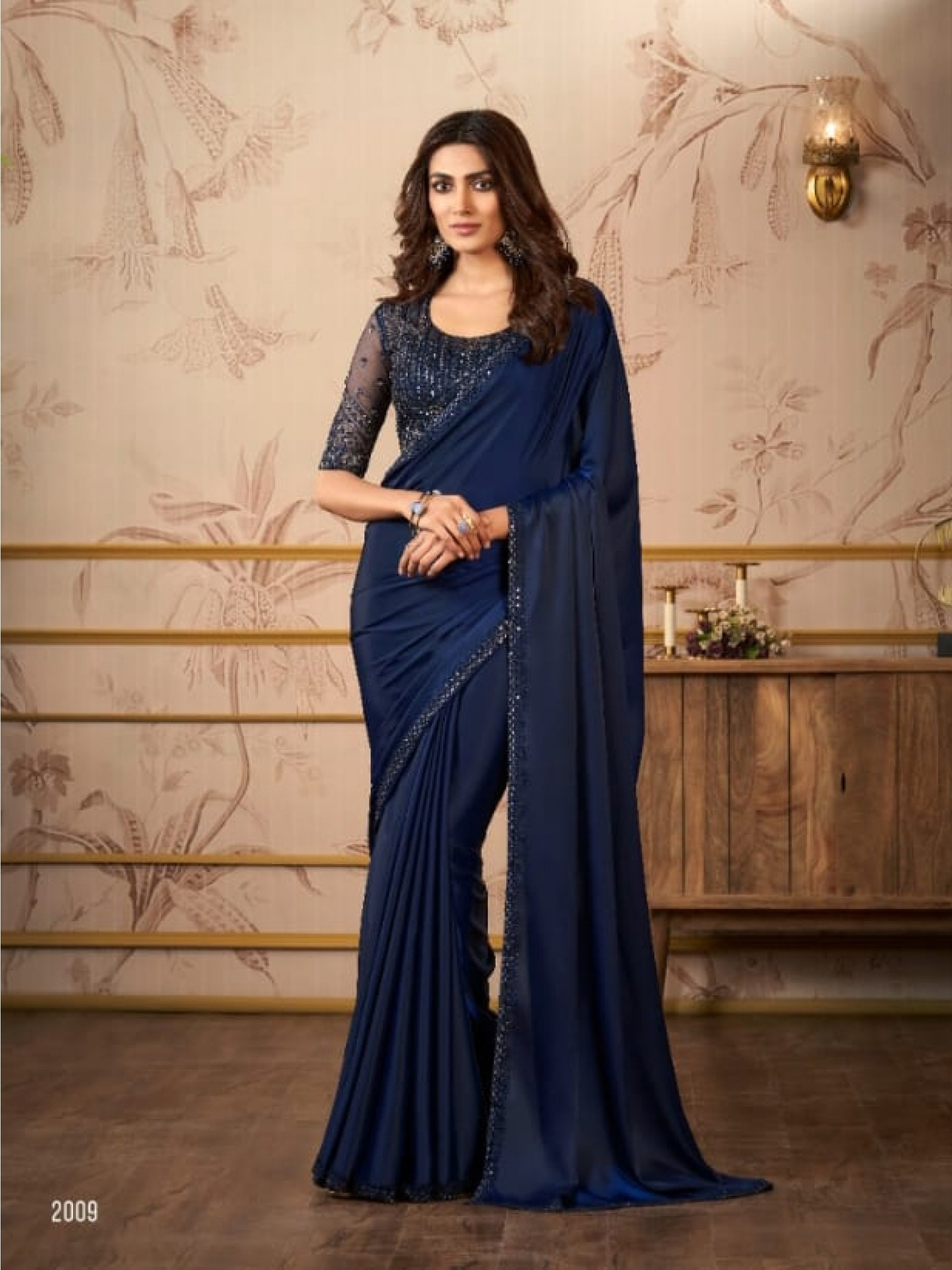 Sateen Organza  Party wear Saree Blue Color With Embroidery Work