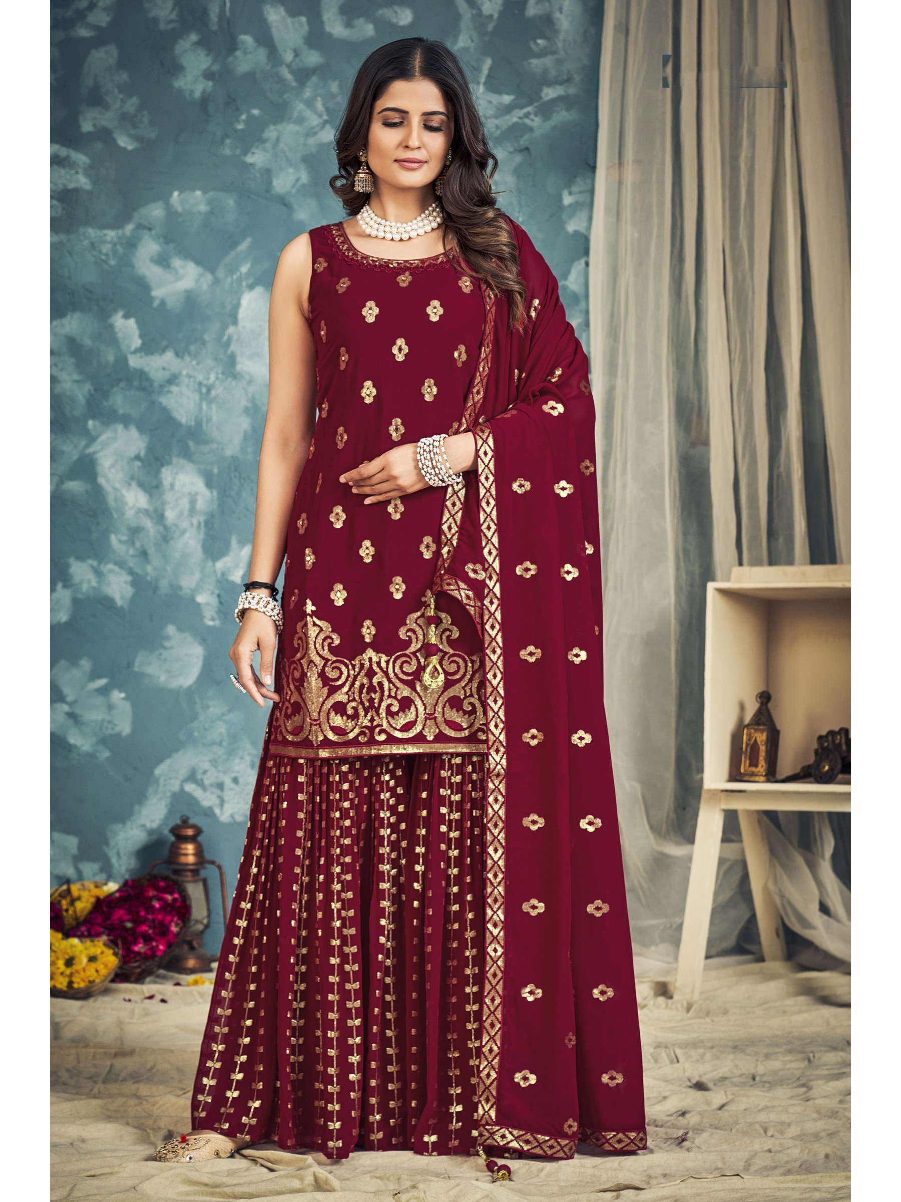 Pure Georgette Party Wear Sharara In Red With Embroidery Work 