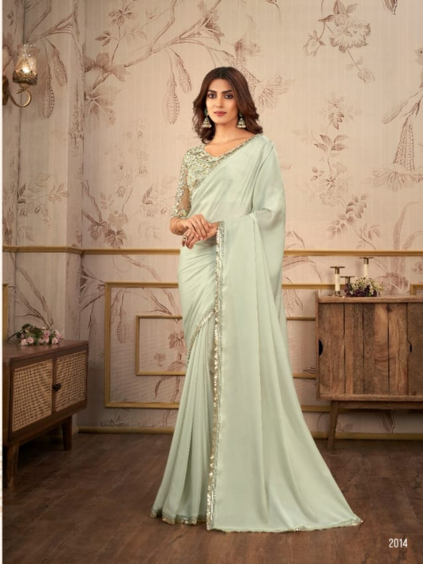Sateen Organza  Party wear Saree Green Color With Embroidery Work