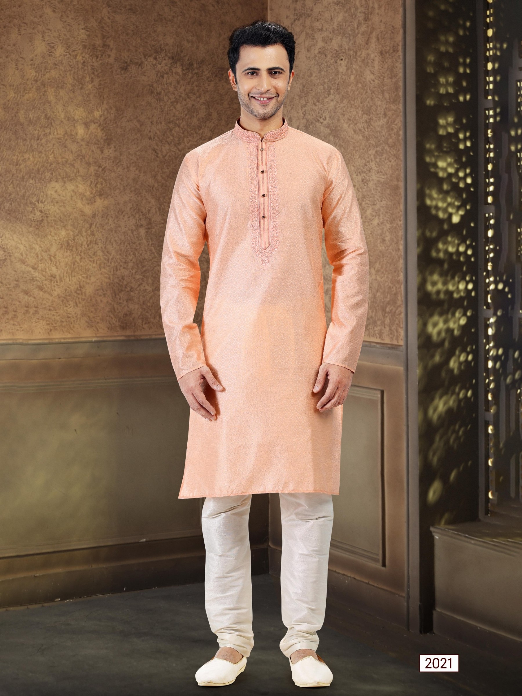 Jaquard Banarasi Silk Readymade Kurta in Peach Color 
