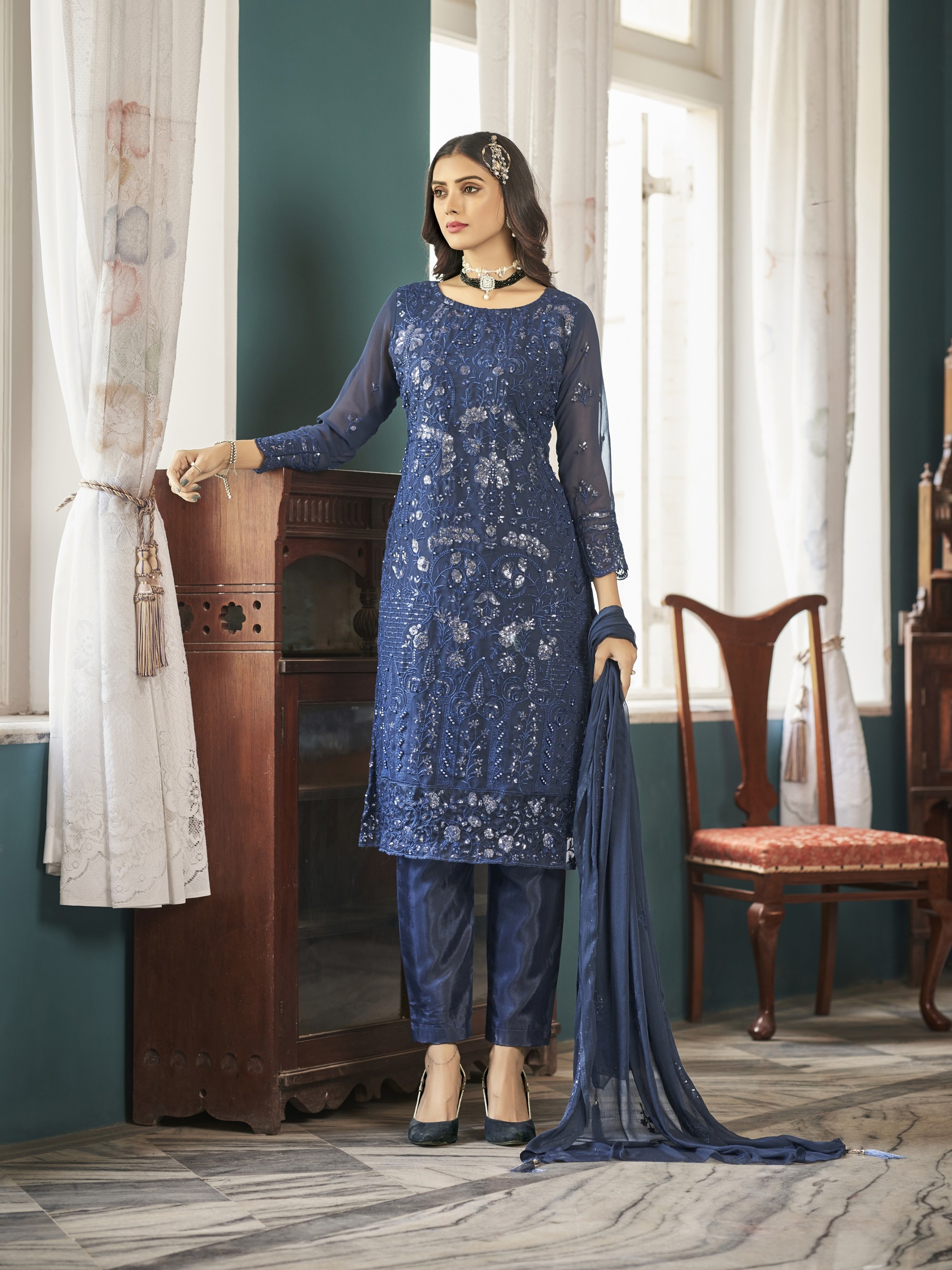 Pure Geogratte Silk Fabrics Party Wear Suit In Blue Color With Embroidery Work