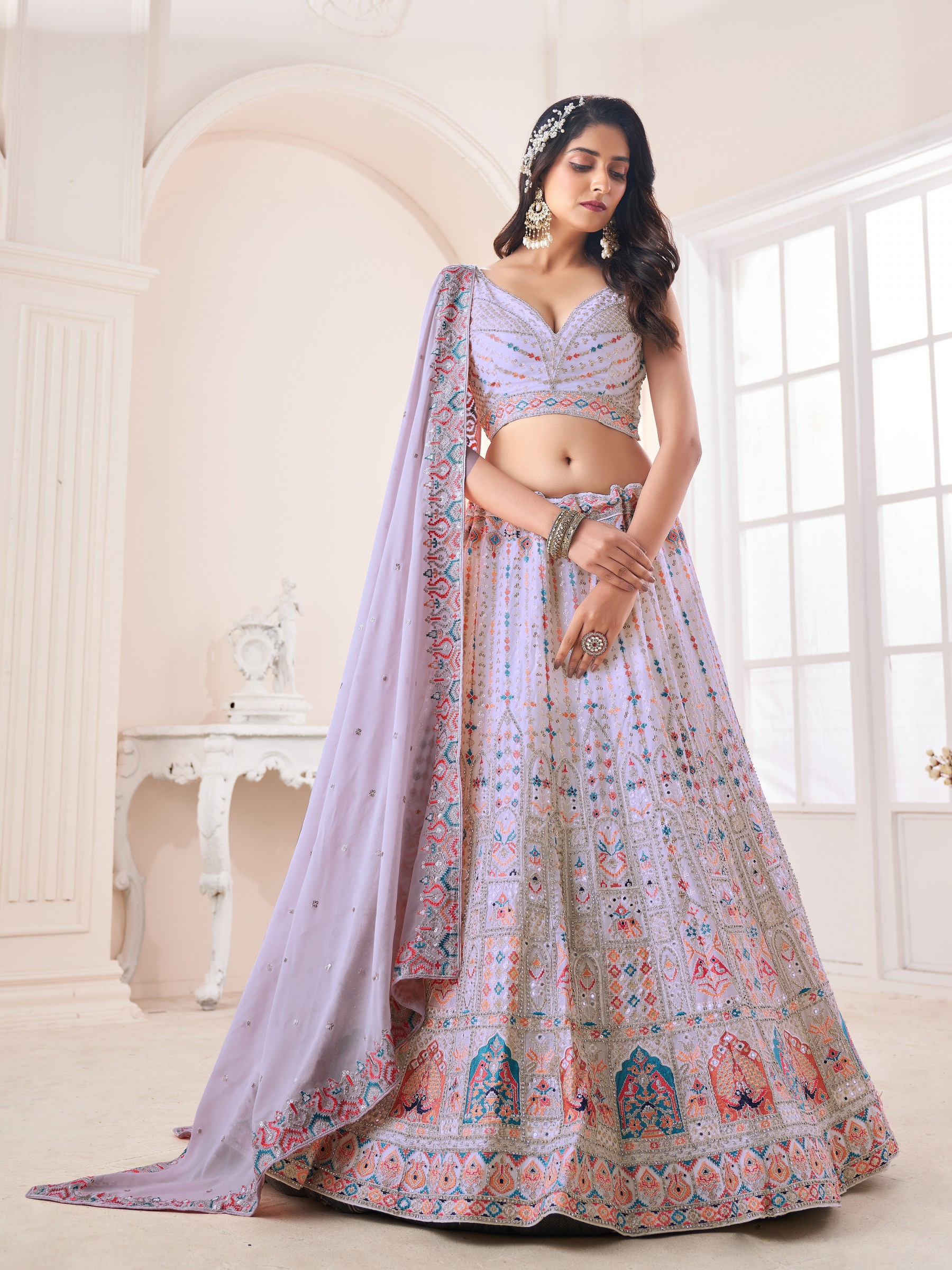 Geogratte Fabrics Party Wear Lehenga in Lavender Color With Embroidery Work