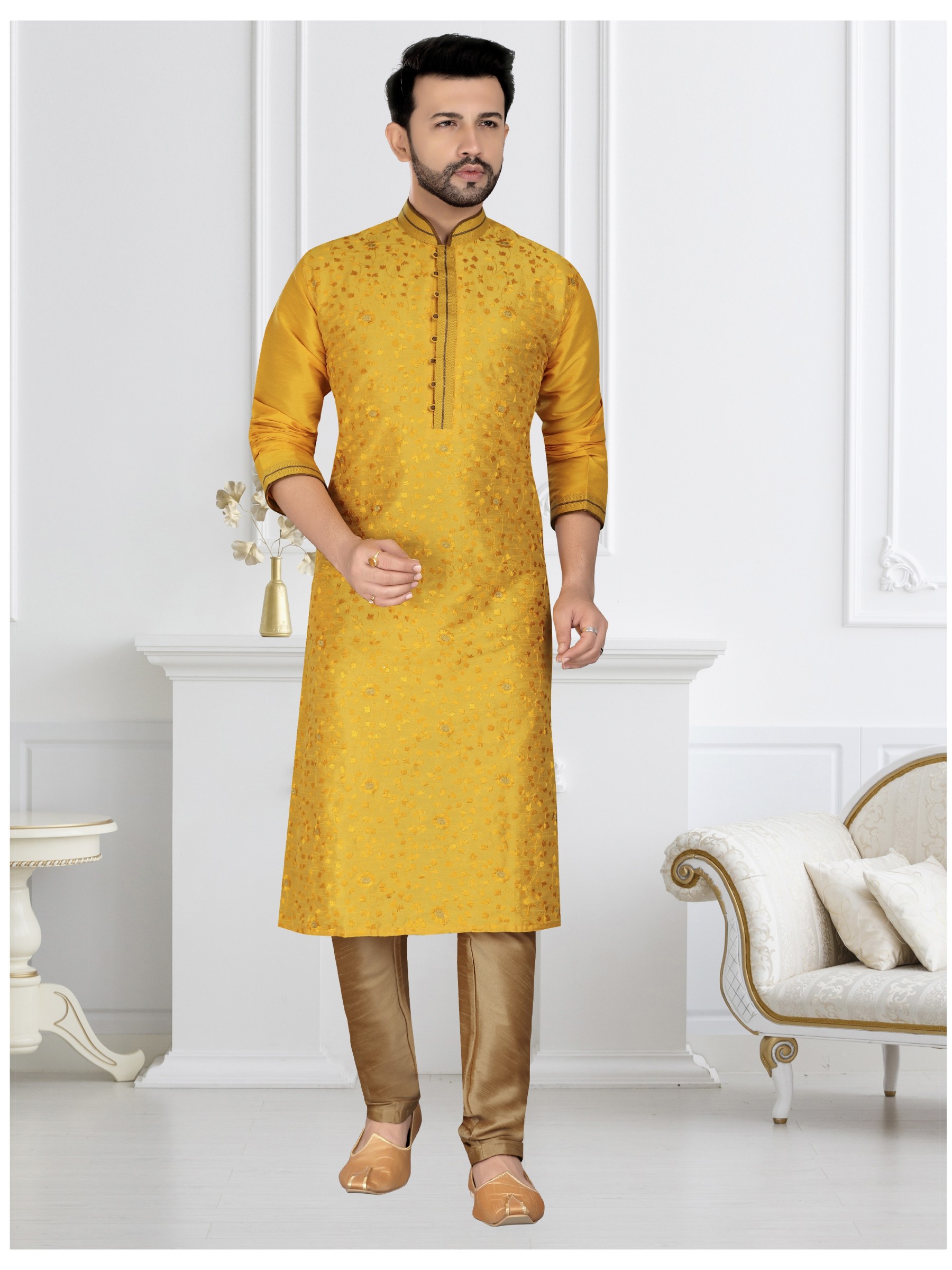 Heritage Silk Readymade Kurta in Yellow 