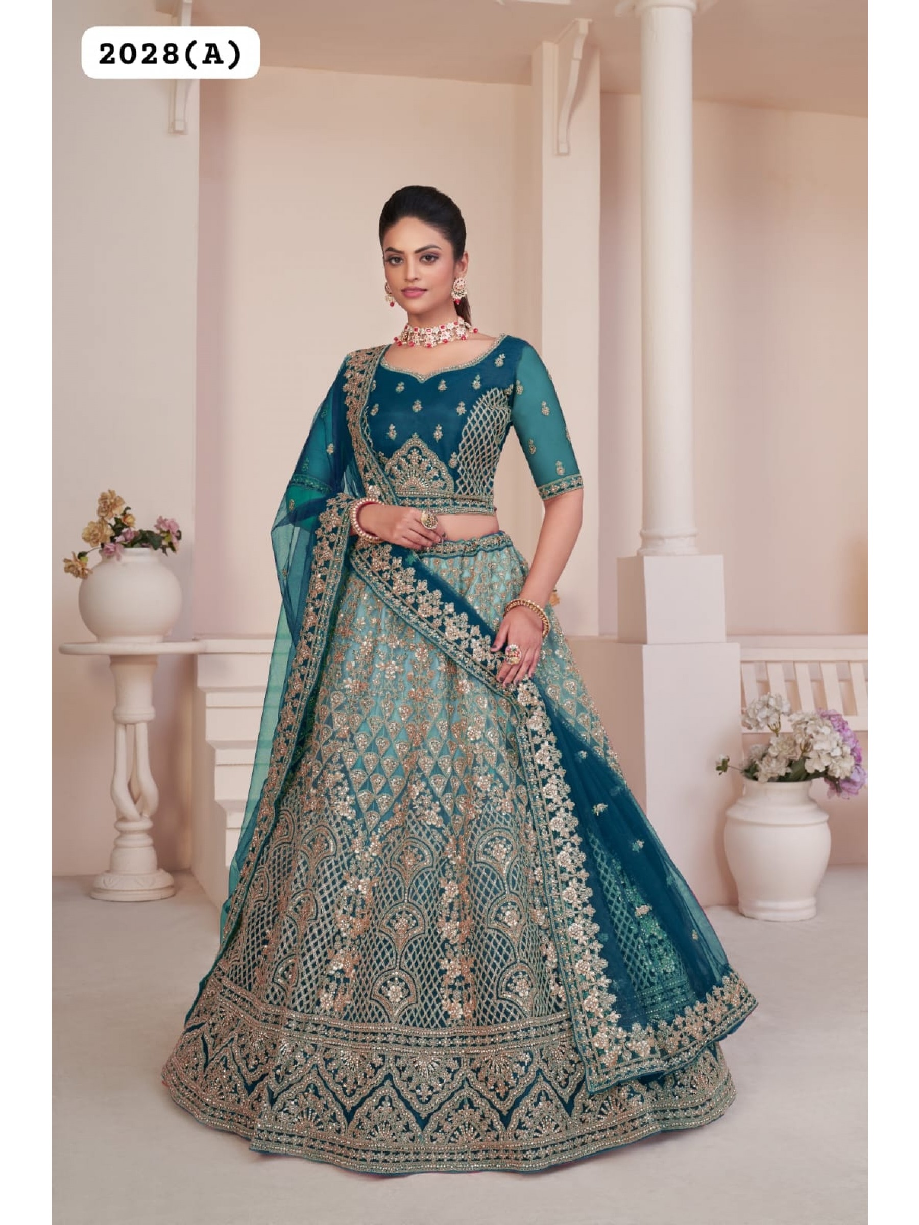 Soft Premium Net Wedding Wear Lehenga In Turquoise Color  With Embroidery Work