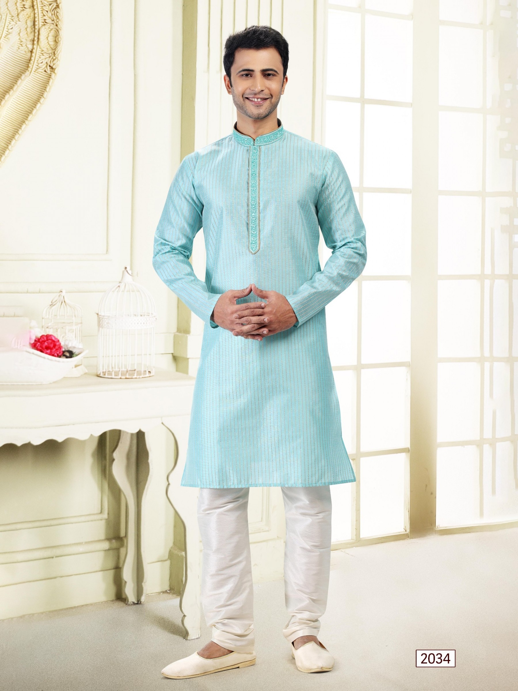 Jaquard Banarasi Silk Readymade Kurta in Sky Blue Color 
