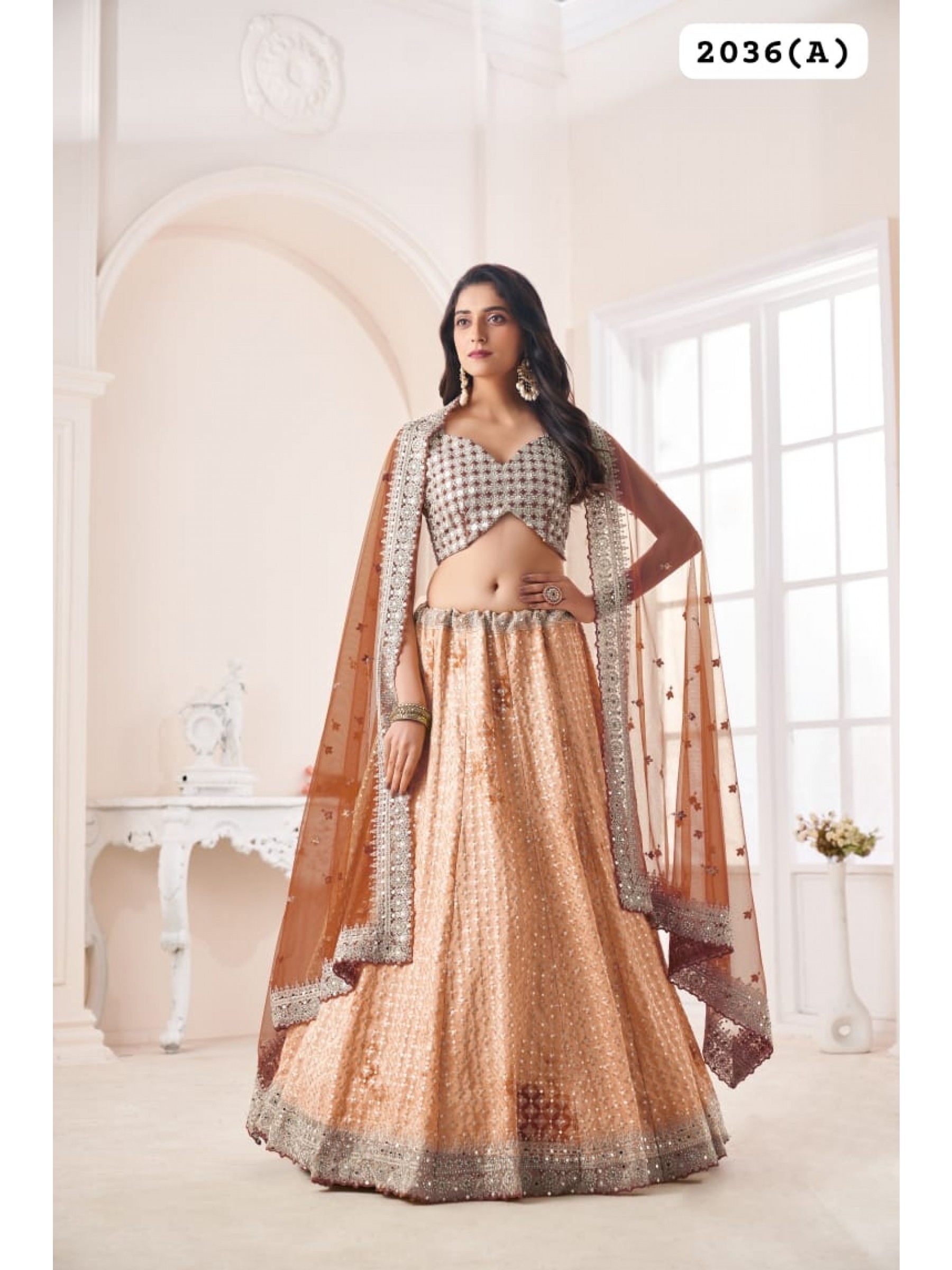 Crape Silk Fabrics Party Wear Lehenga in Brown Color With Embroidery Work