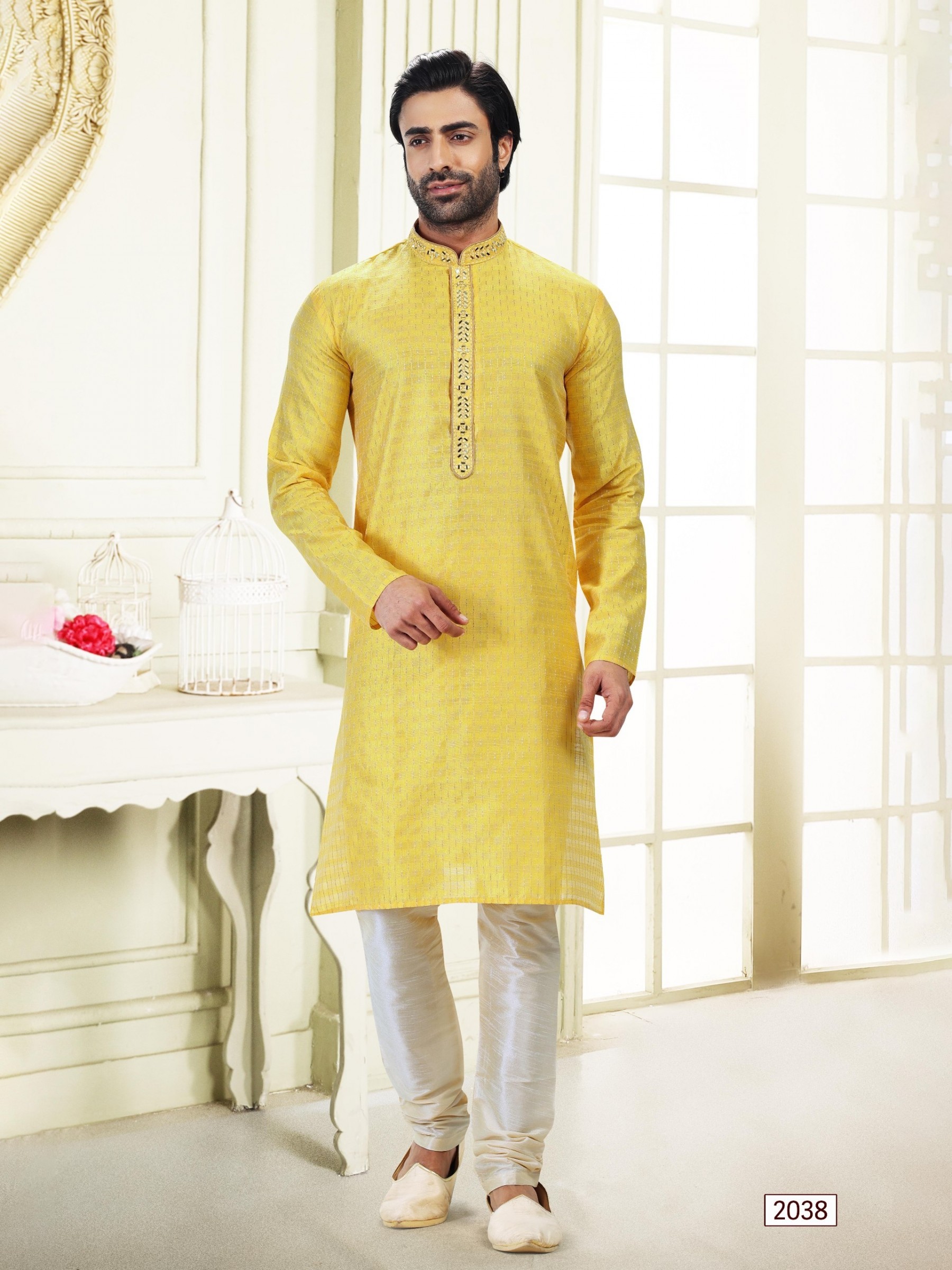 Jaquard Banarasi Silk Readymade Kurta in Yellow Color 